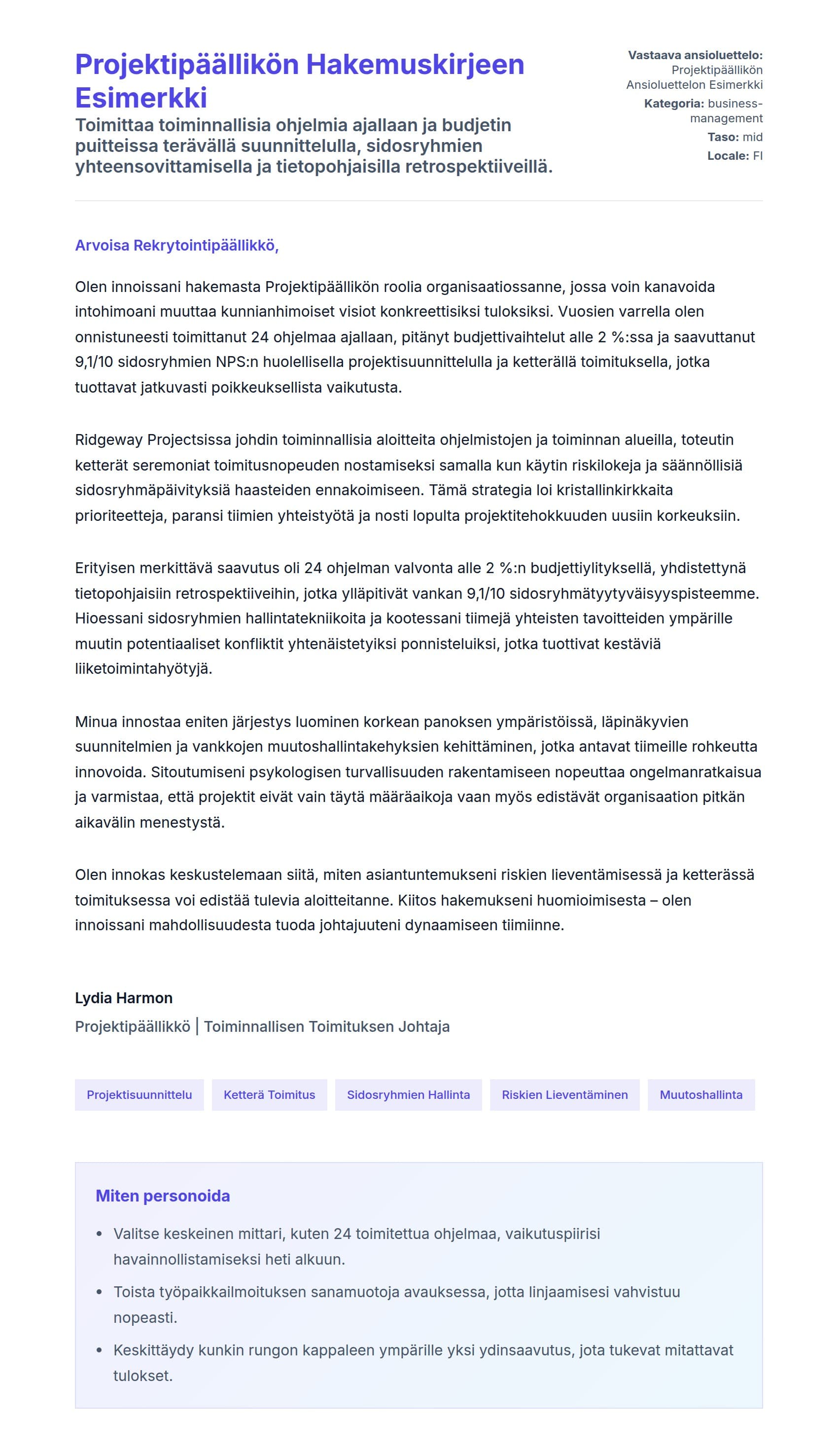 Työhakemuskirjeen esikatselu kohteelle Projektipäällikön Hakemuskirjeen Esimerkki