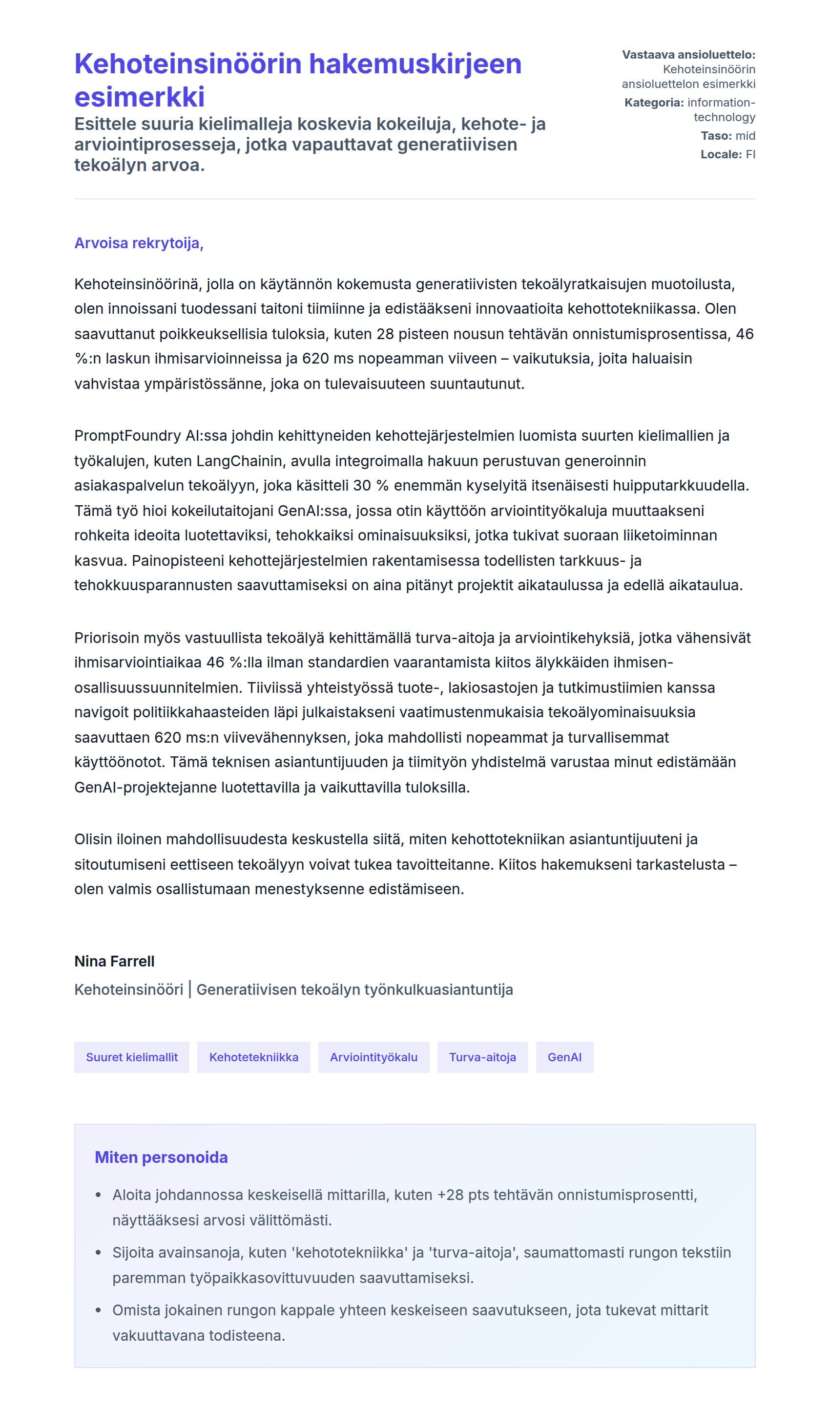 Työhakemuskirjeen esikatselu kohteelle Kehoteinsinöörin hakemuskirjeen esimerkki