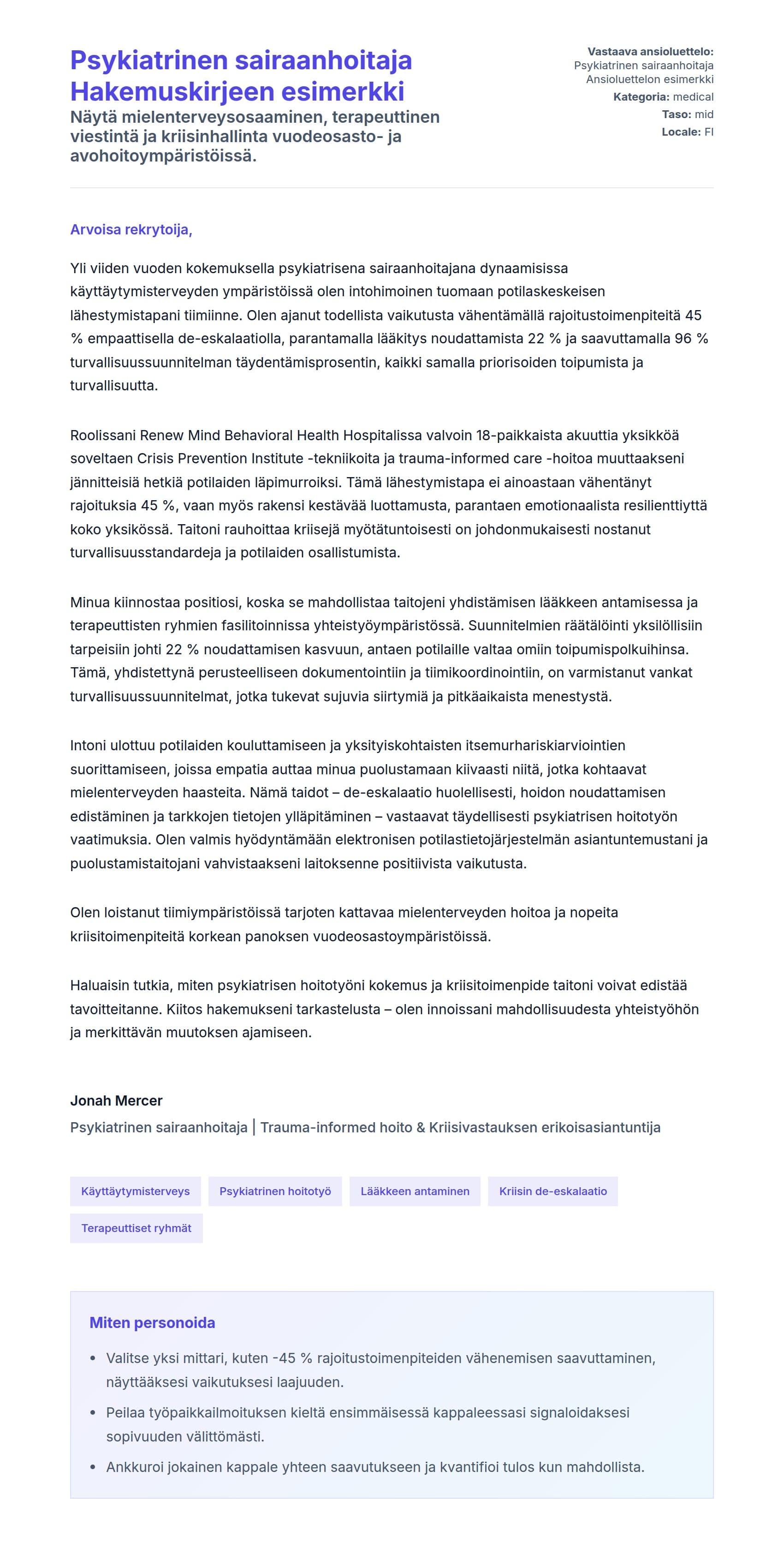Työhakemuskirjeen esikatselu kohteelle Psykiatrinen sairaanhoitaja Hakemuskirjeen esimerkki