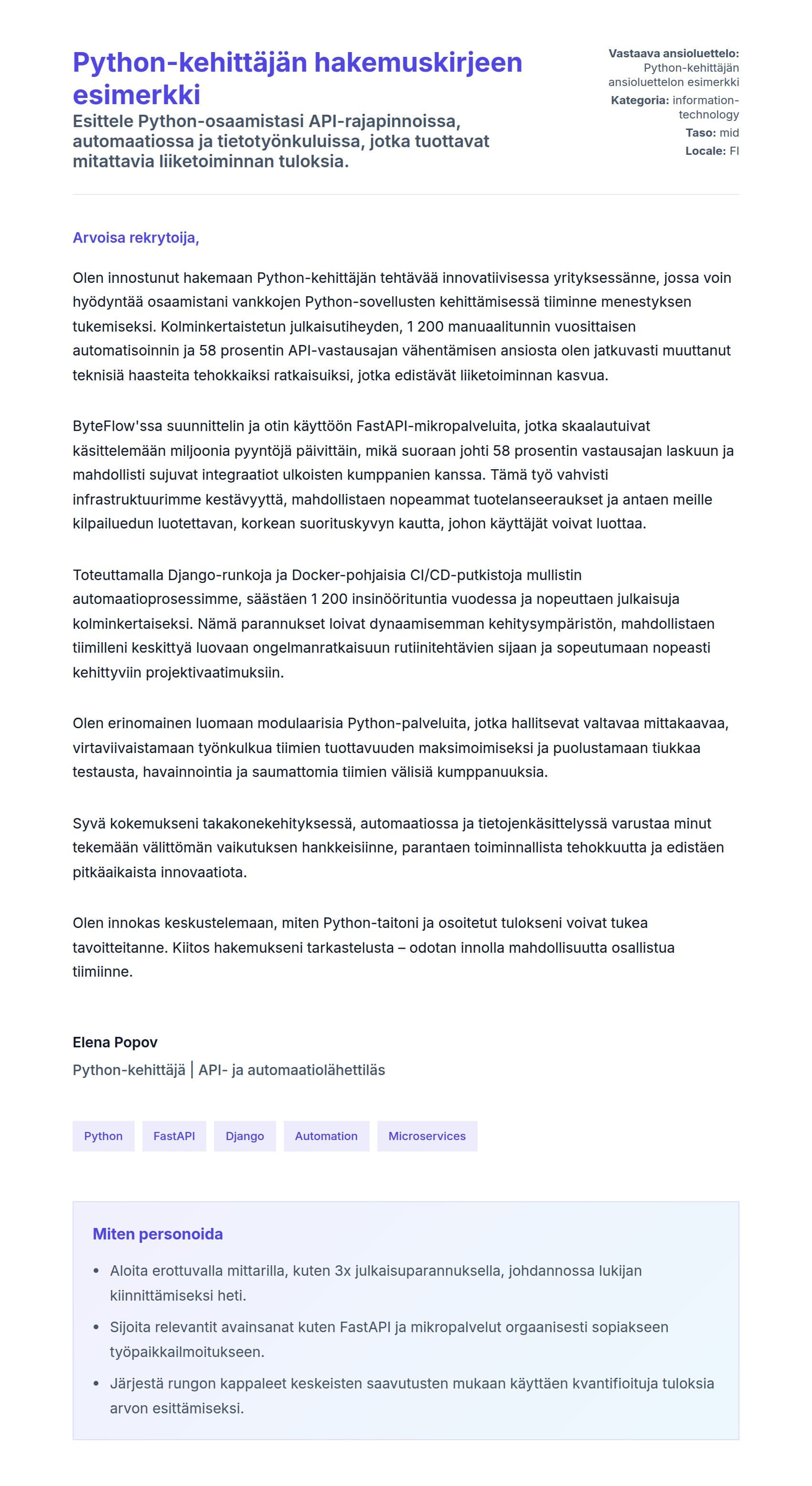 Työhakemuskirjeen esikatselu kohteelle Python-kehittäjän hakemuskirjeen esimerkki