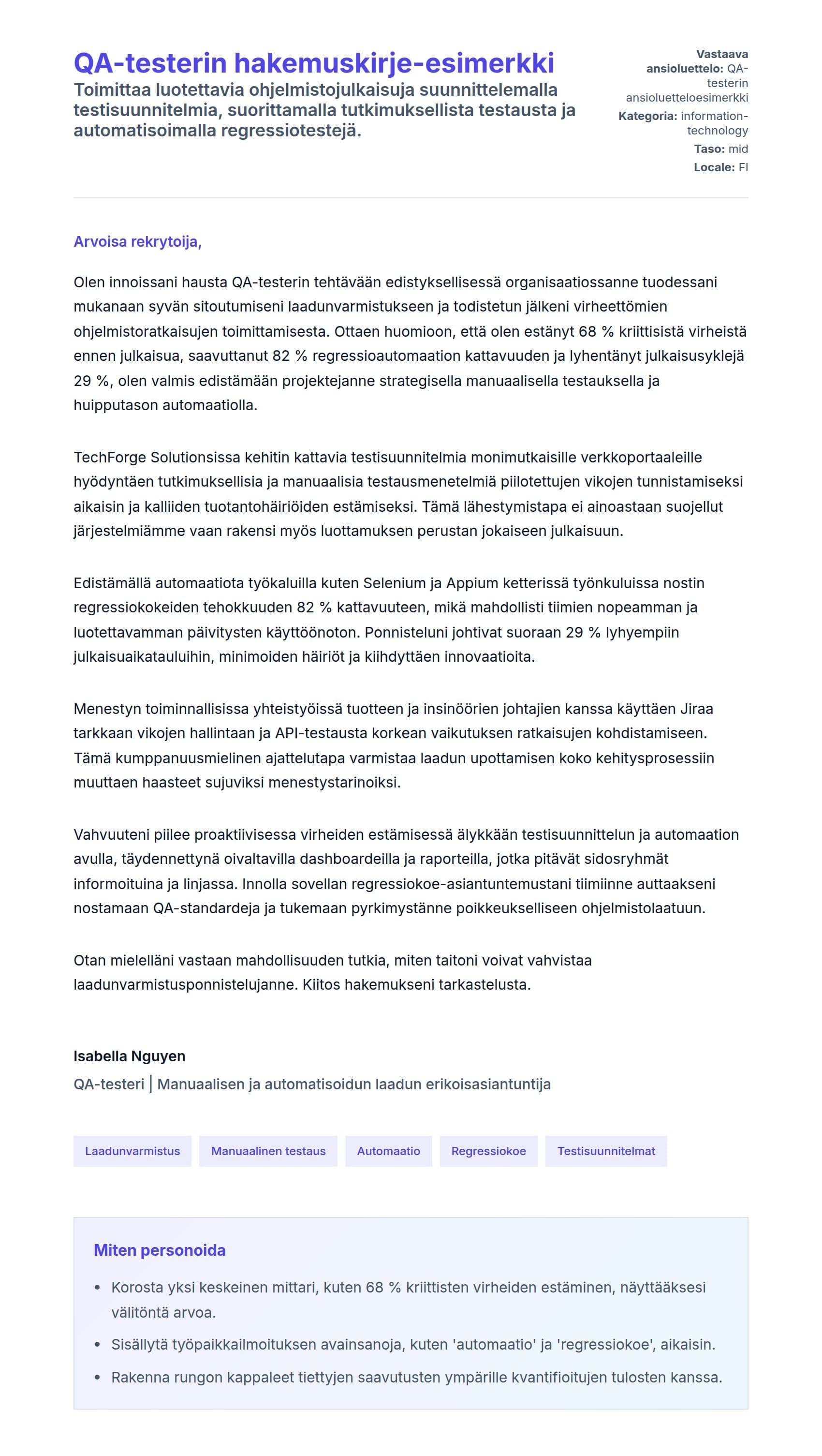 Työhakemuskirjeen esikatselu kohteelle QA-testerin hakemuskirje-esimerkki