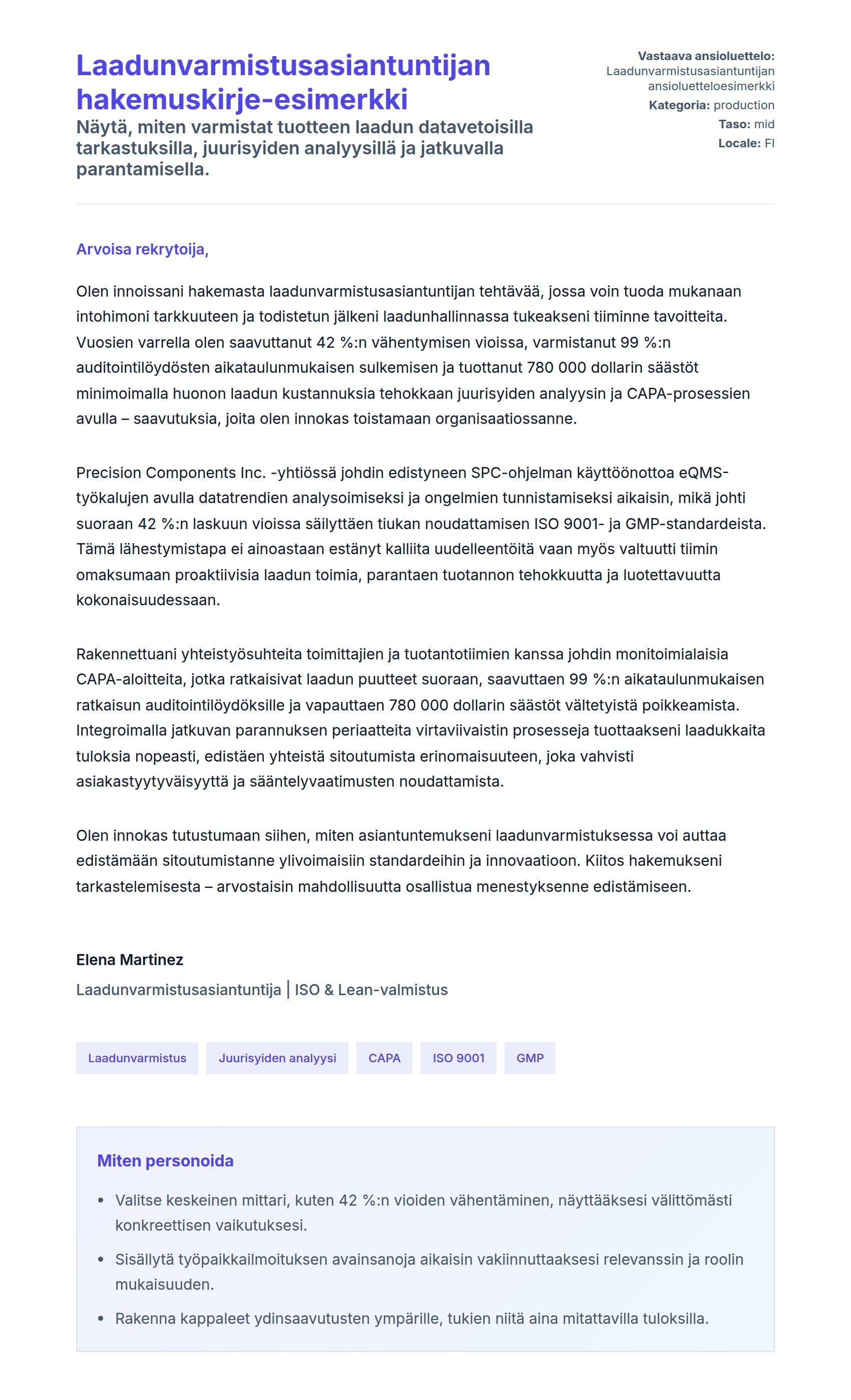 Työhakemuskirjeen esikatselu kohteelle Laadunvarmistusasiantuntijan hakemuskirje-esimerkki
