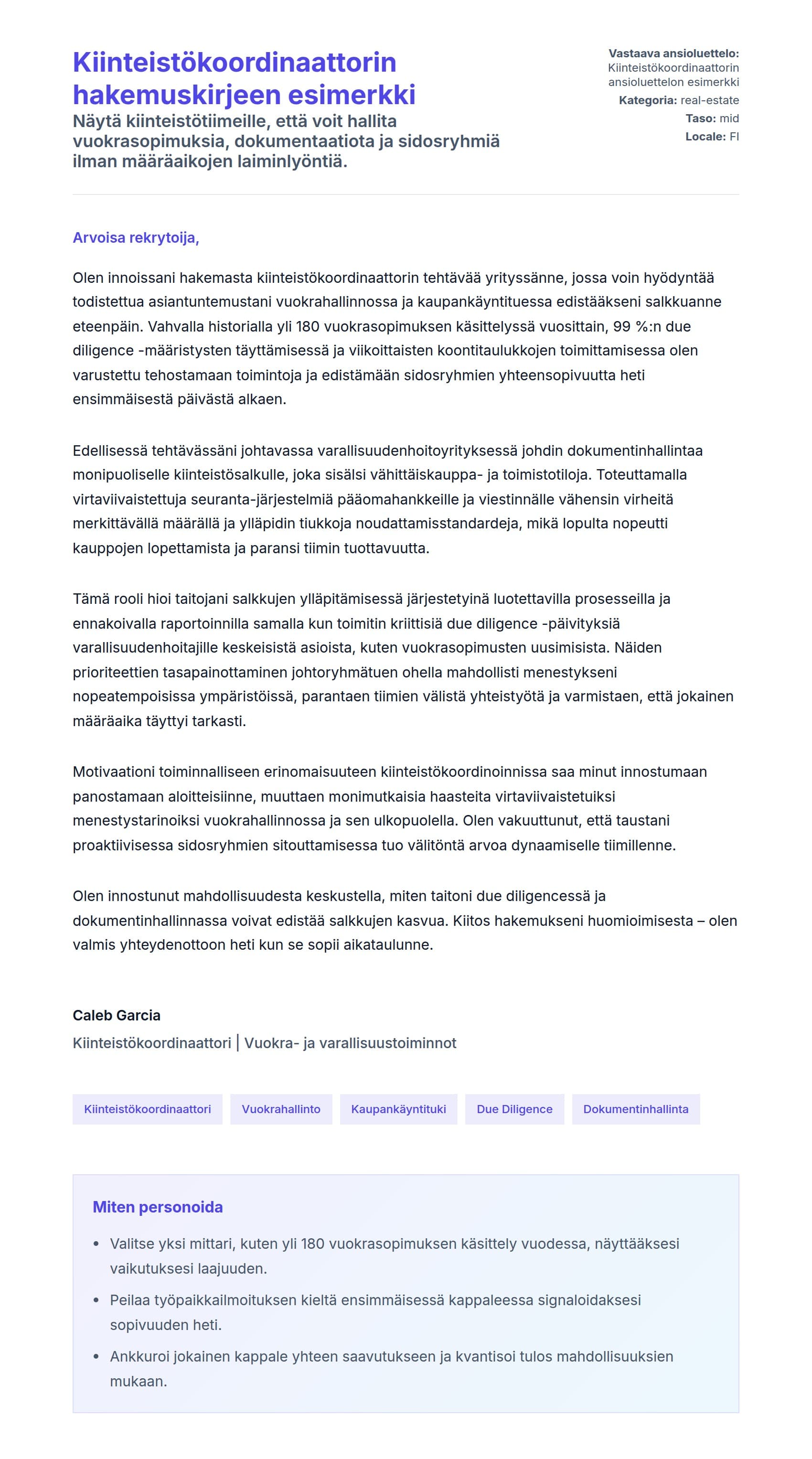 Työhakemuskirjeen esikatselu kohteelle Kiinteistökoordinaattorin hakemuskirjeen esimerkki