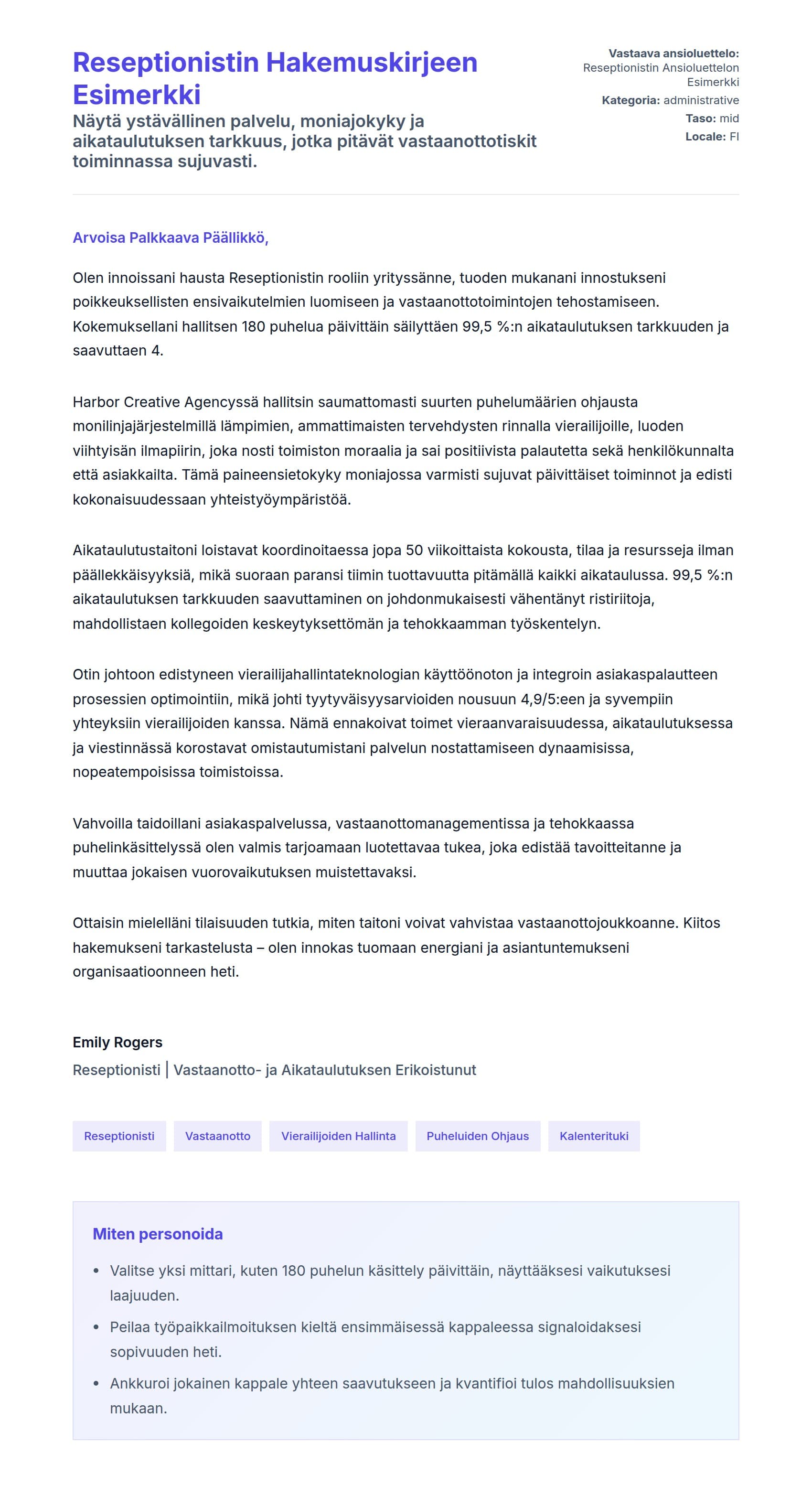 Työhakemuskirjeen esikatselu kohteelle Reseptionistin Hakemuskirjeen Esimerkki