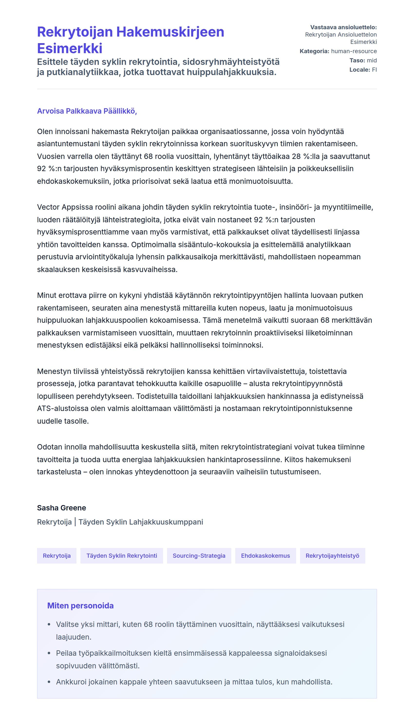 Työhakemuskirjeen esikatselu kohteelle Rekrytoijan Hakemuskirjeen Esimerkki
