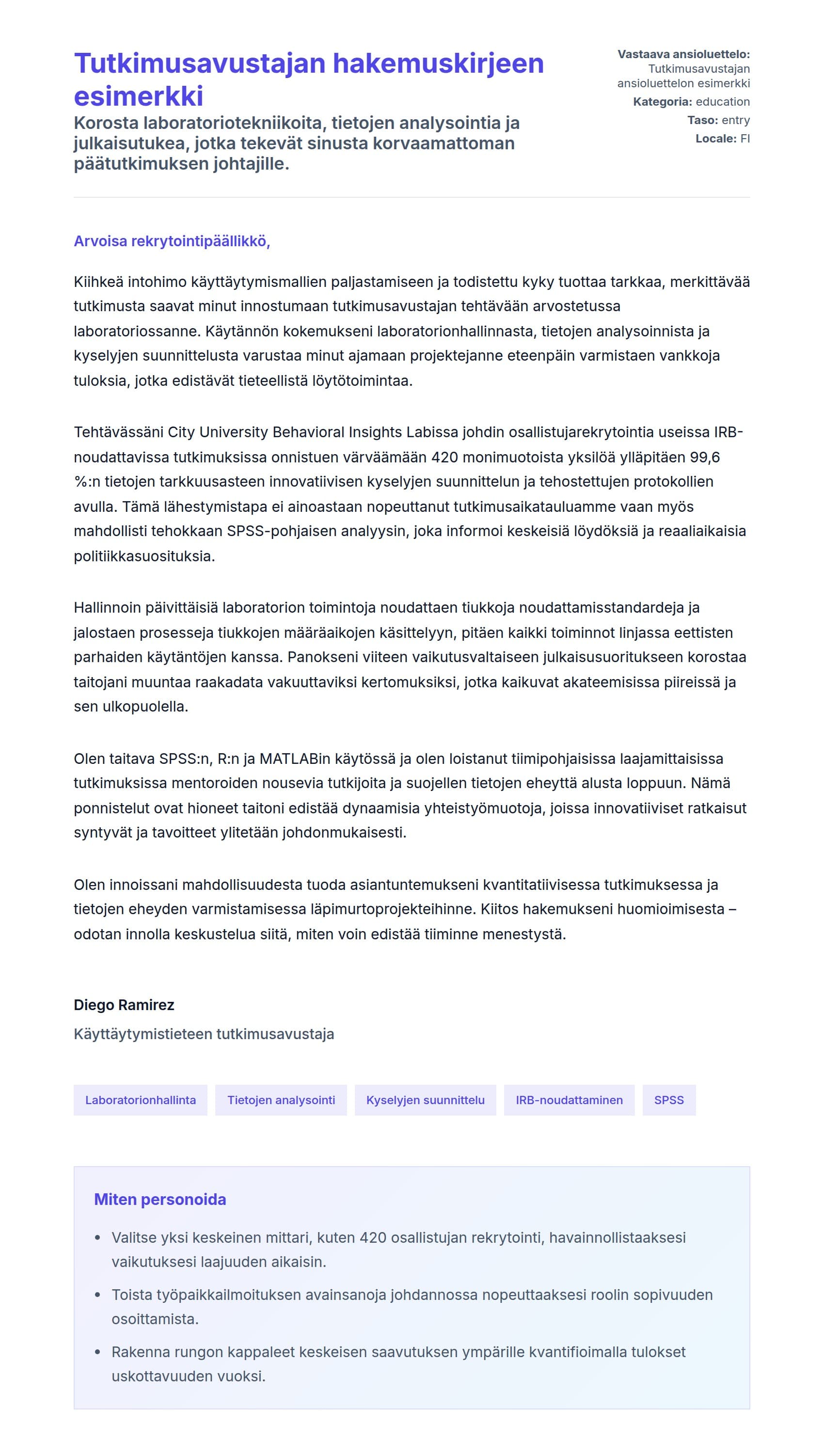 Työhakemuskirjeen esikatselu kohteelle Tutkimusavustajan hakemuskirjeen esimerkki