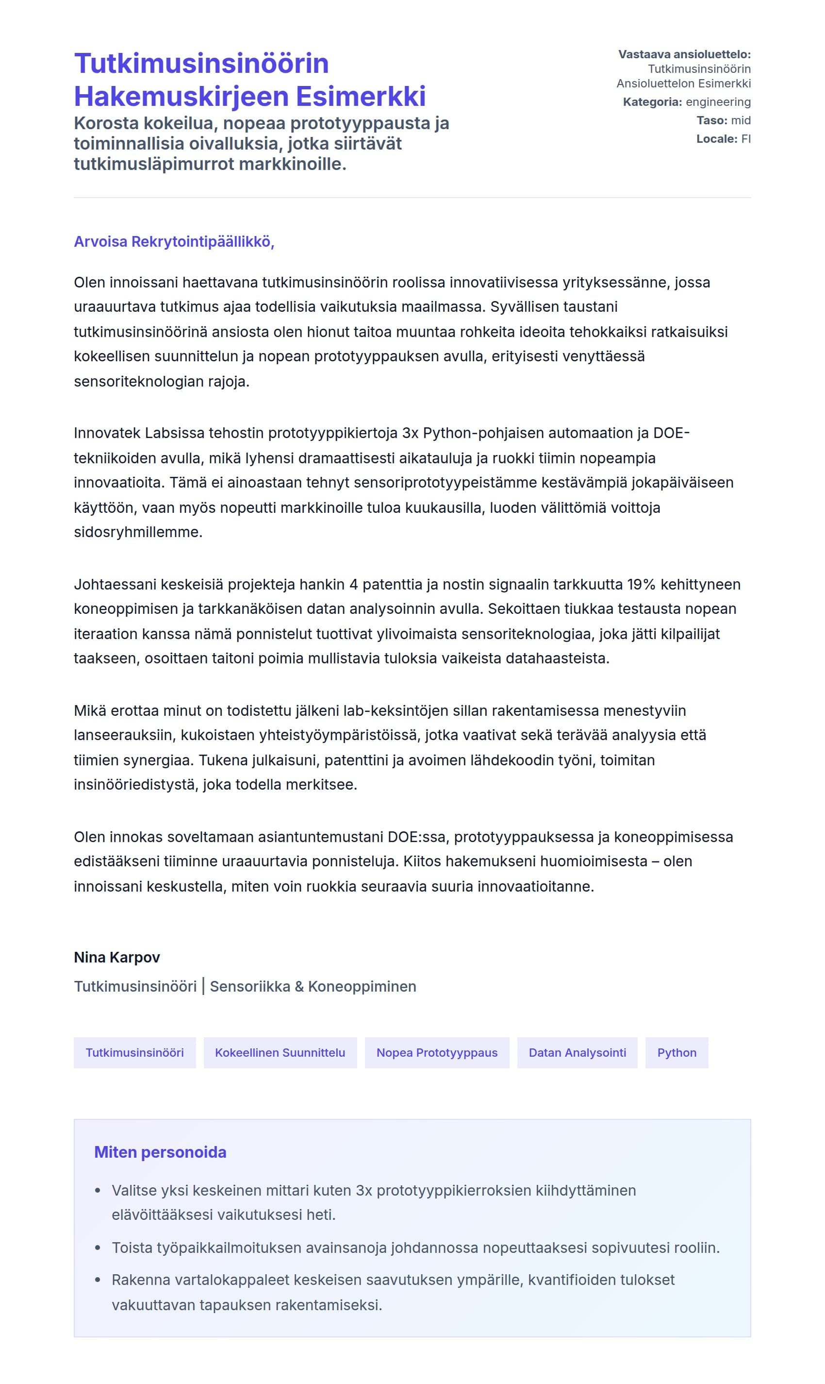 Työhakemuskirjeen esikatselu kohteelle Tutkimusinsinöörin Hakemuskirjeen Esimerkki