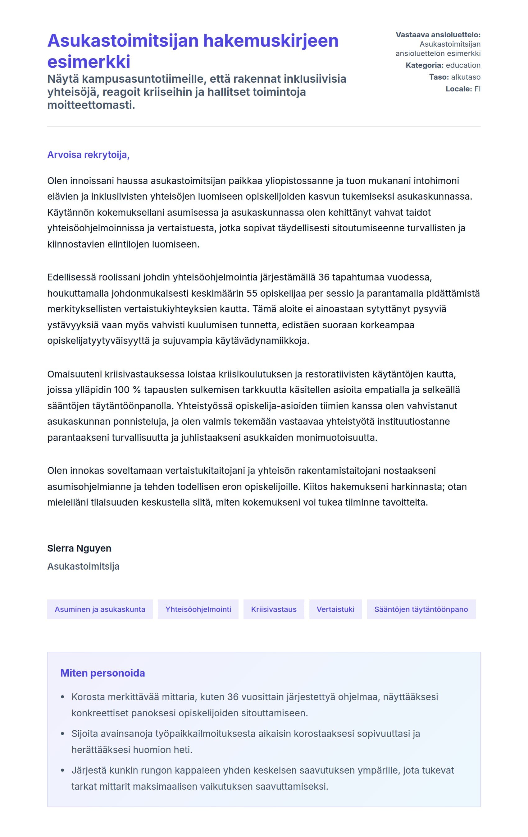 Työhakemuskirjeen esikatselu kohteelle Asukastoimitsijan hakemuskirjeen esimerkki