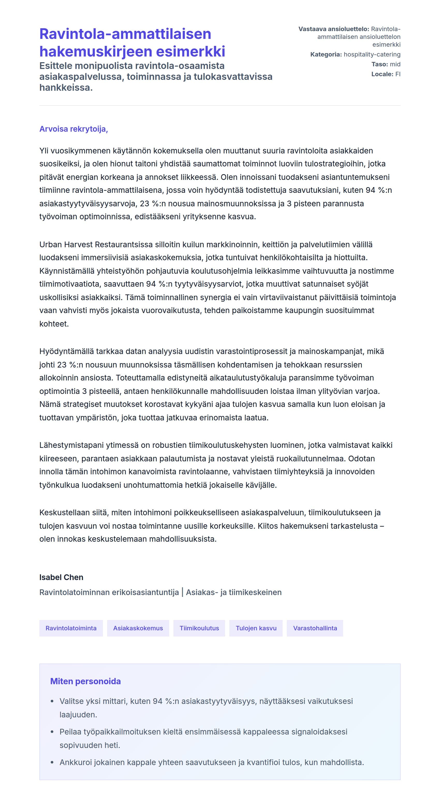 Työhakemuskirjeen esikatselu kohteelle Ravintola-ammattilaisen hakemuskirjeen esimerkki