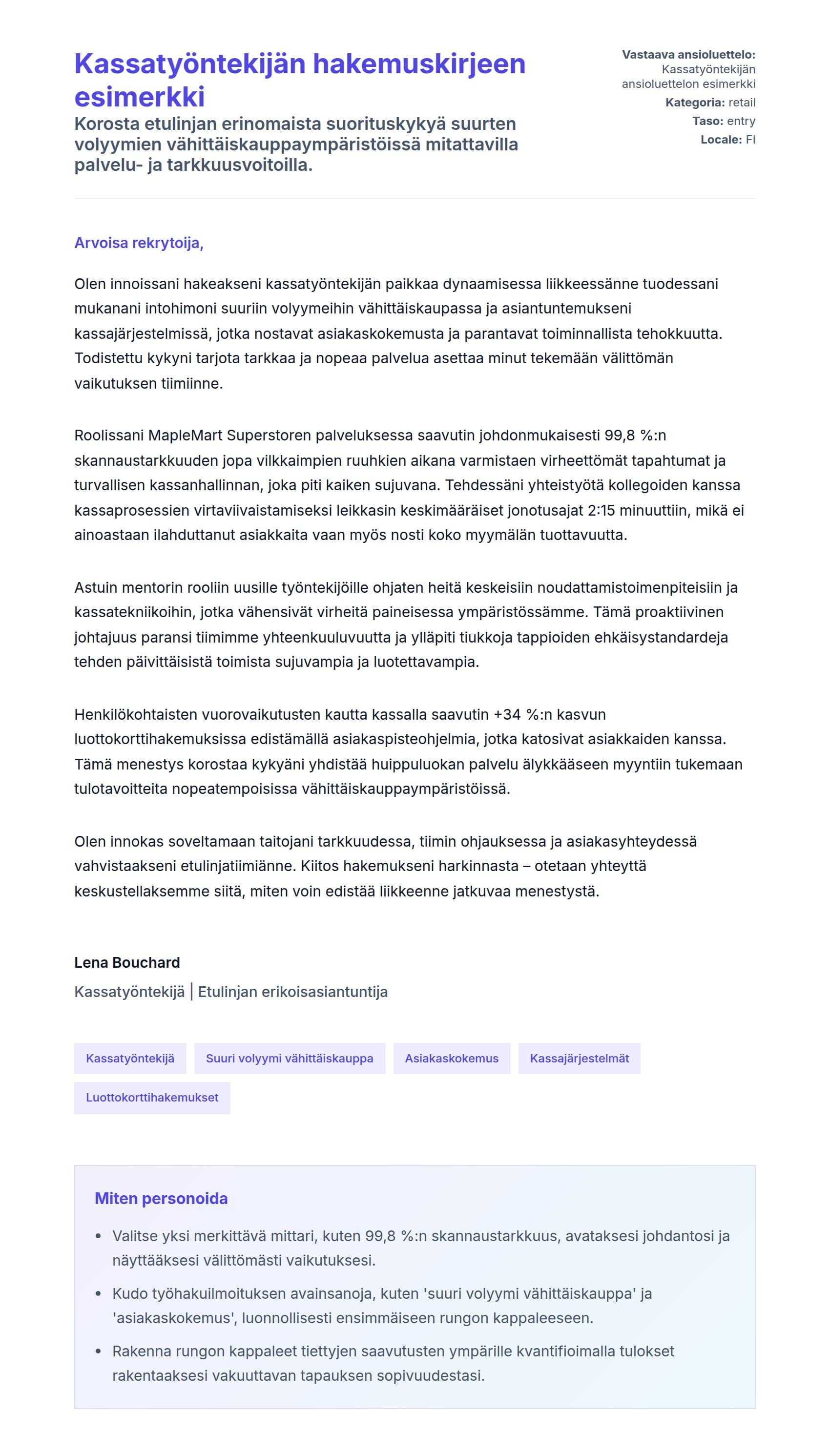Työhakemuskirjeen esikatselu kohteelle Kassatyöntekijän hakemuskirjeen esimerkki