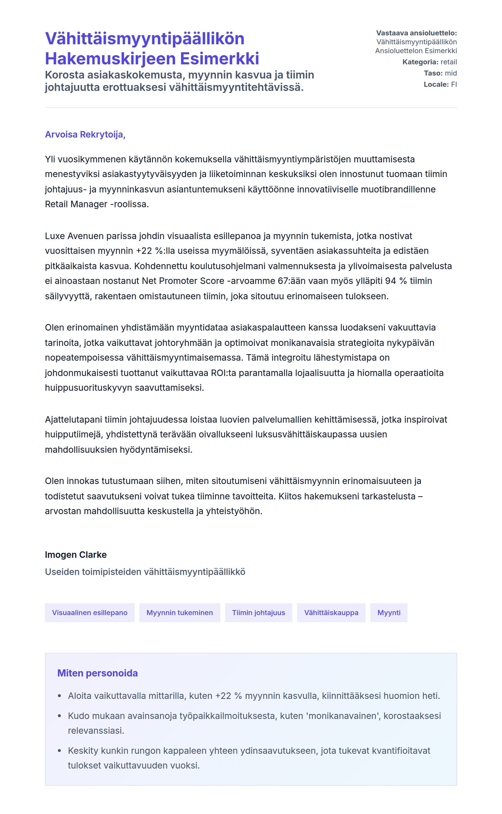 Työhakemuskirjeen esikatselu kohteelle Vähittäismyyntipäällikön Hakemuskirjeen Esimerkki