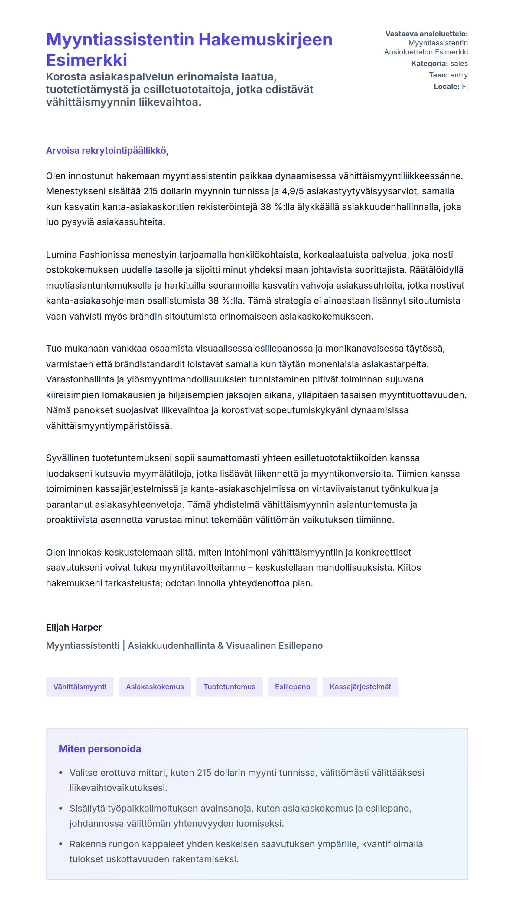 Työhakemuskirjeen esikatselu kohteelle Myyntiassistentin Hakemuskirjeen Esimerkki