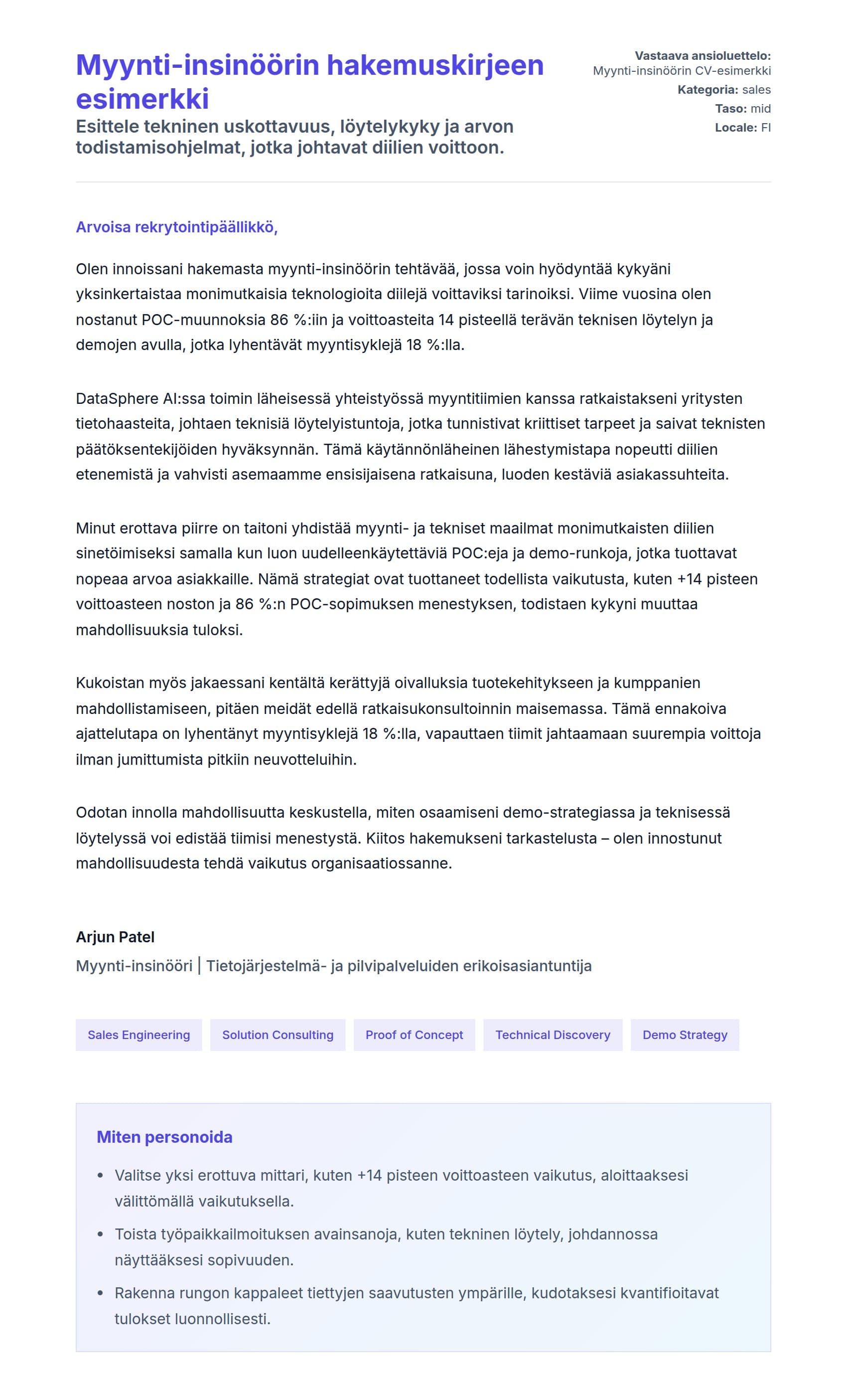 Työhakemuskirjeen esikatselu kohteelle Myynti-insinöörin hakemuskirjeen esimerkki