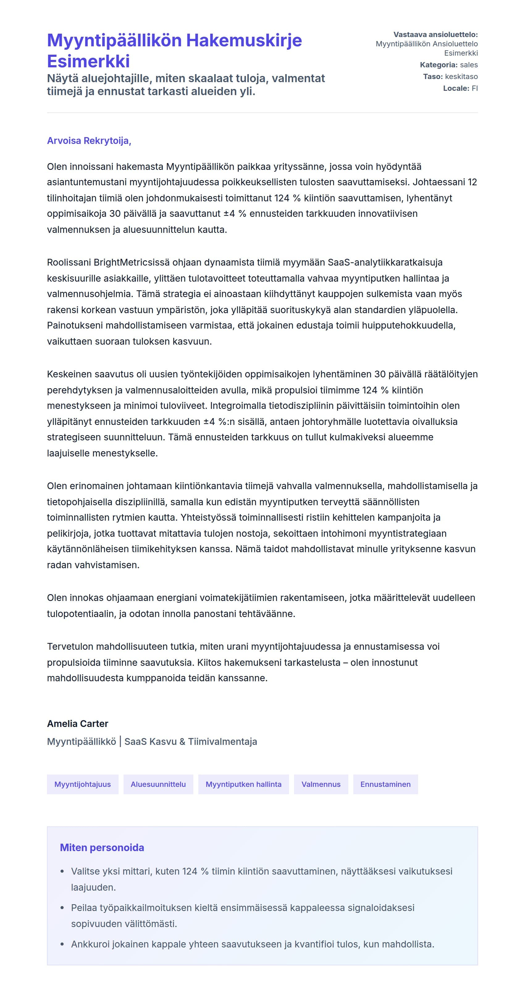 Työhakemuskirjeen esikatselu kohteelle Myyntipäällikön Hakemuskirje Esimerkki