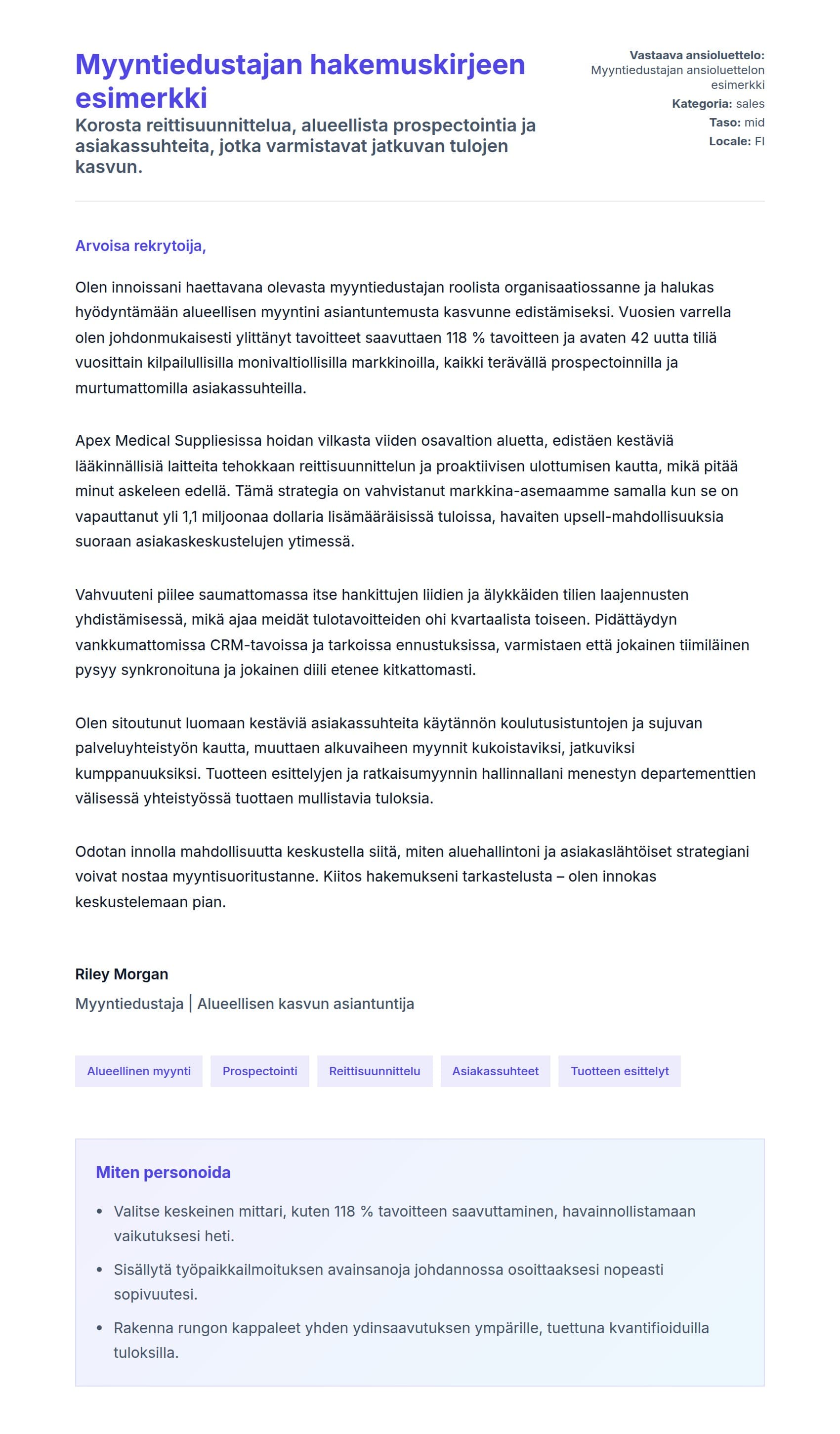 Työhakemuskirjeen esikatselu kohteelle Myyntiedustajan hakemuskirjeen esimerkki