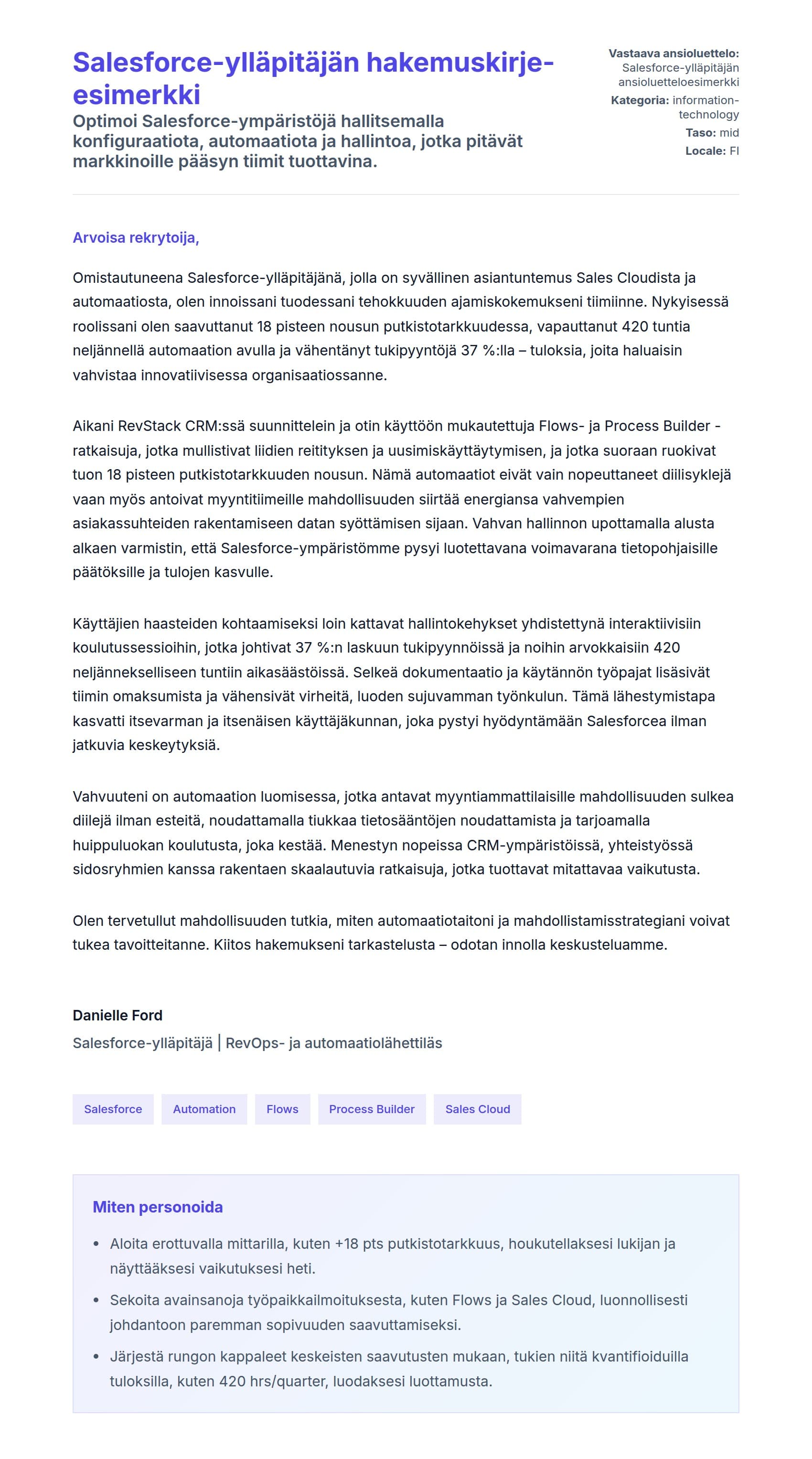 Työhakemuskirjeen esikatselu kohteelle Salesforce-ylläpitäjän hakemuskirje-esimerkki