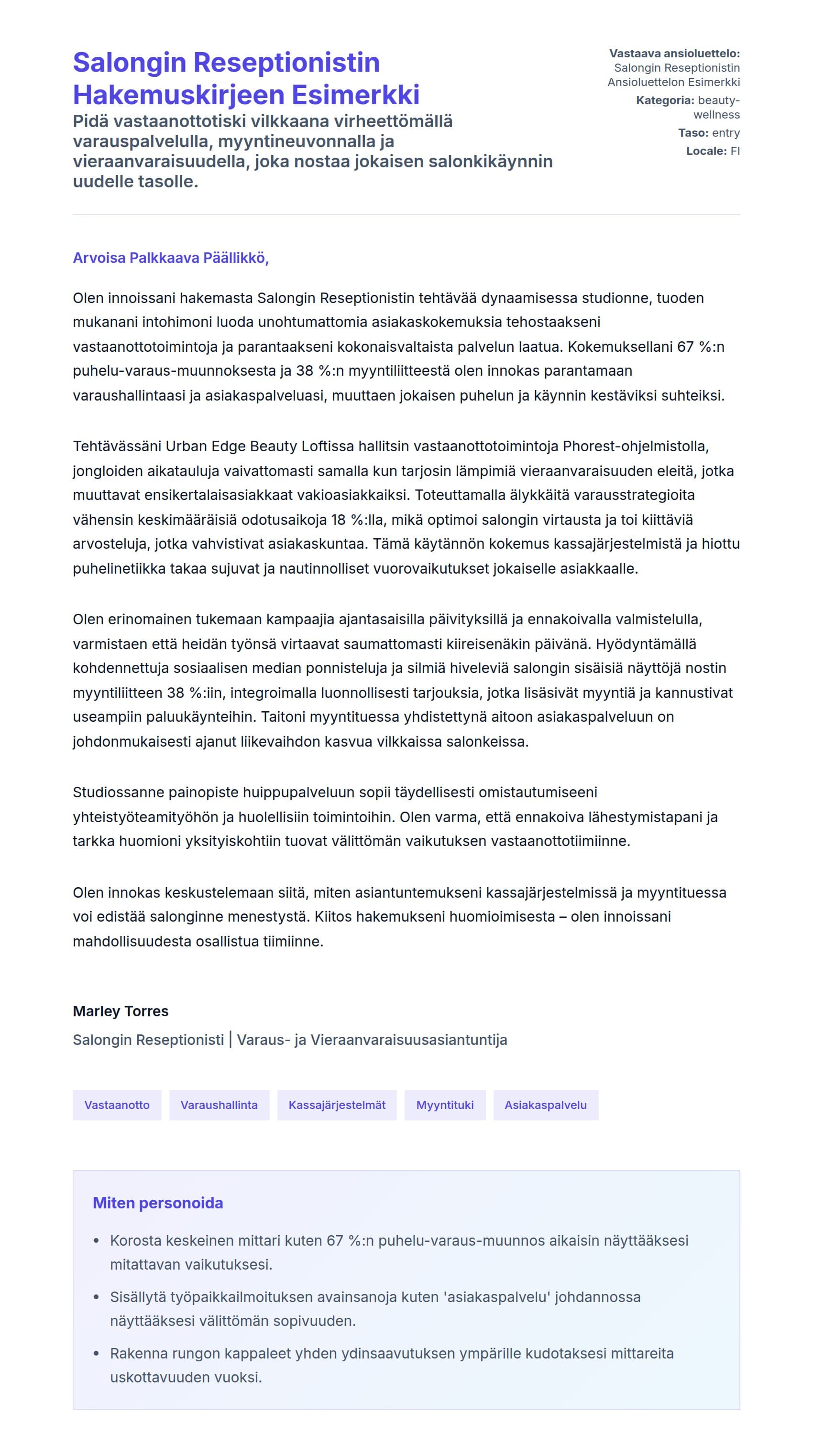 Työhakemuskirjeen esikatselu kohteelle Salongin Reseptionistin Hakemuskirjeen Esimerkki