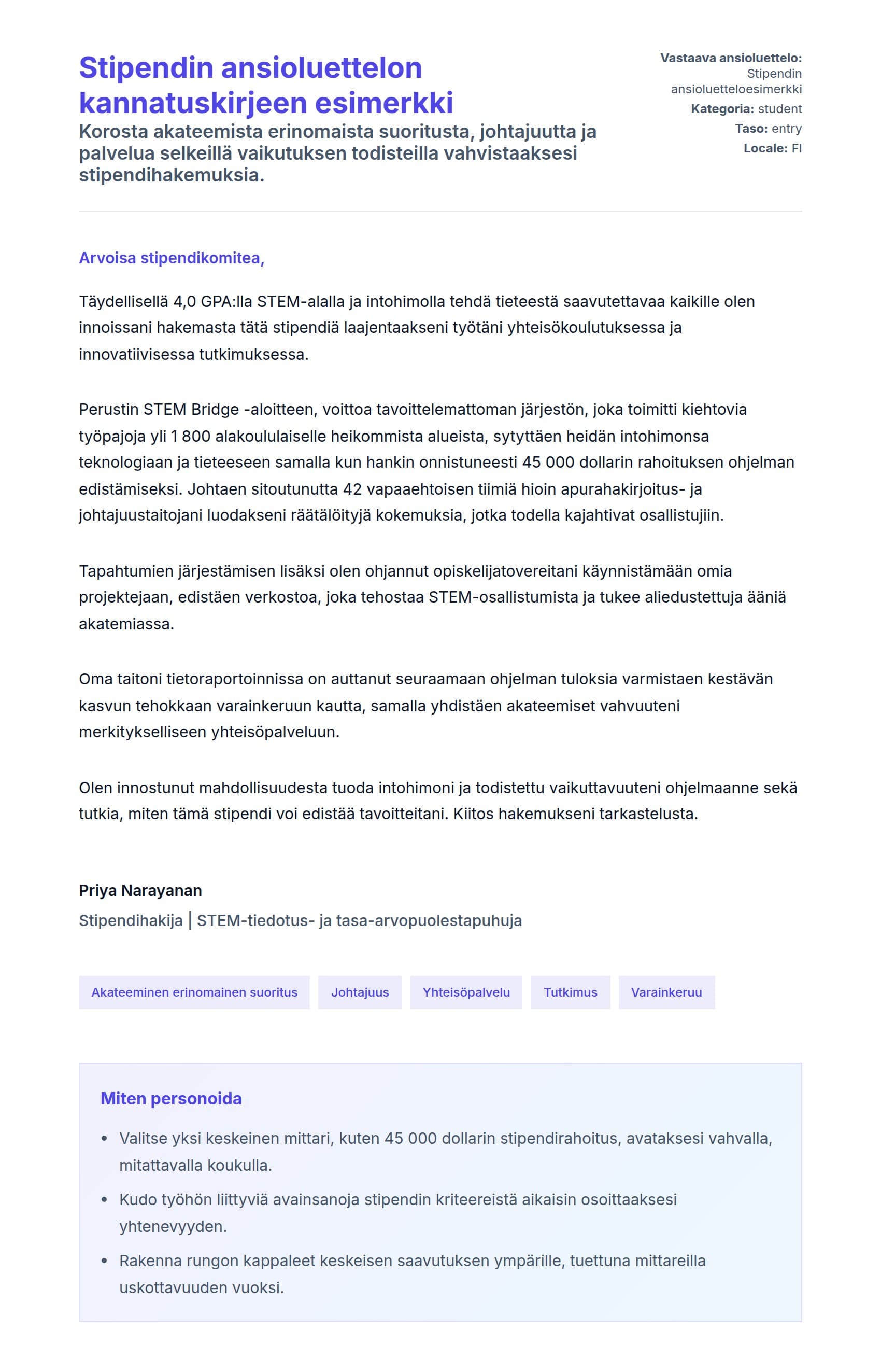 Työhakemuskirjeen esikatselu kohteelle Stipendin ansioluettelon kannatuskirjeen esimerkki