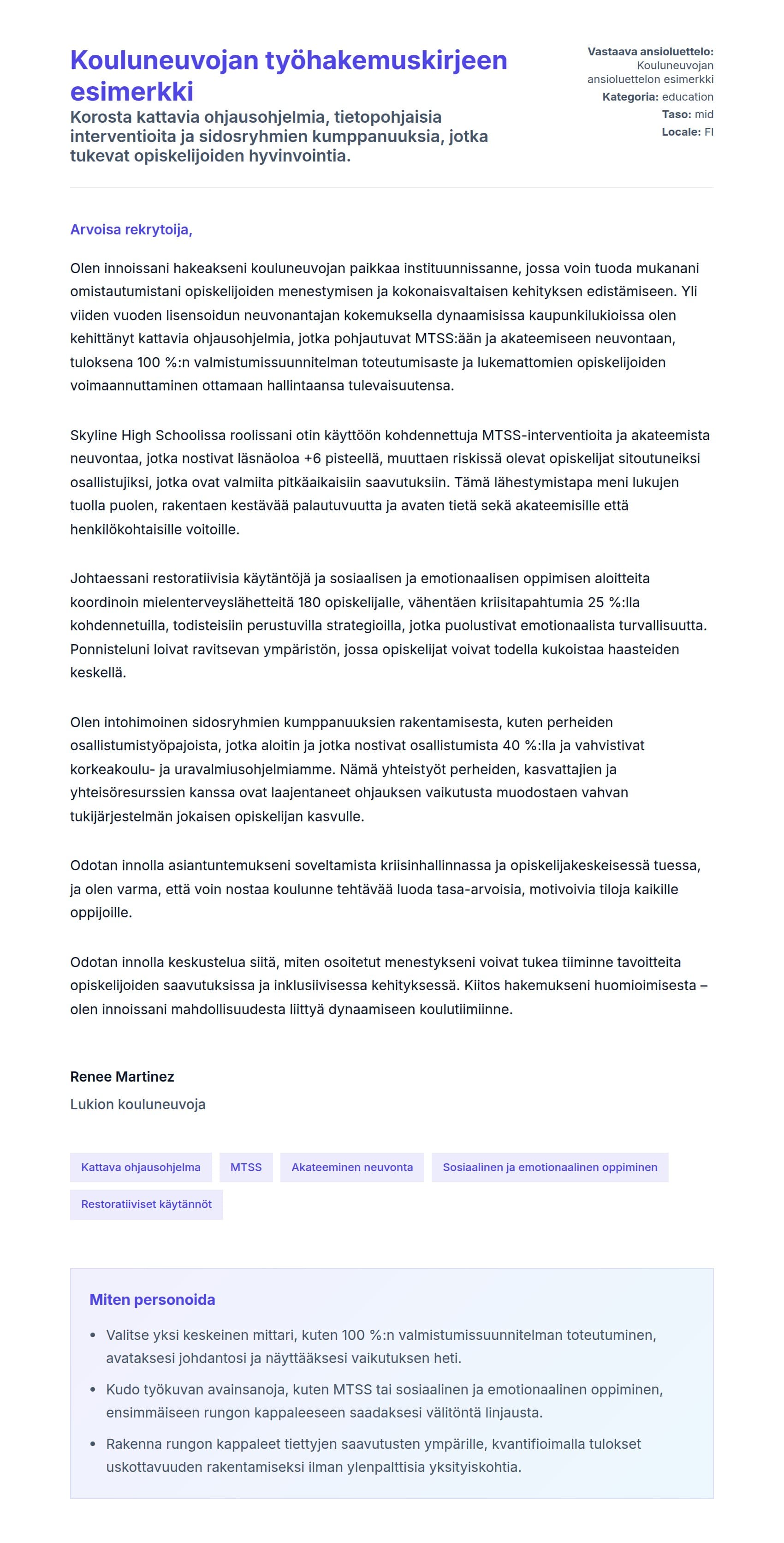 Työhakemuskirjeen esikatselu kohteelle Kouluneuvojan työhakemuskirjeen esimerkki