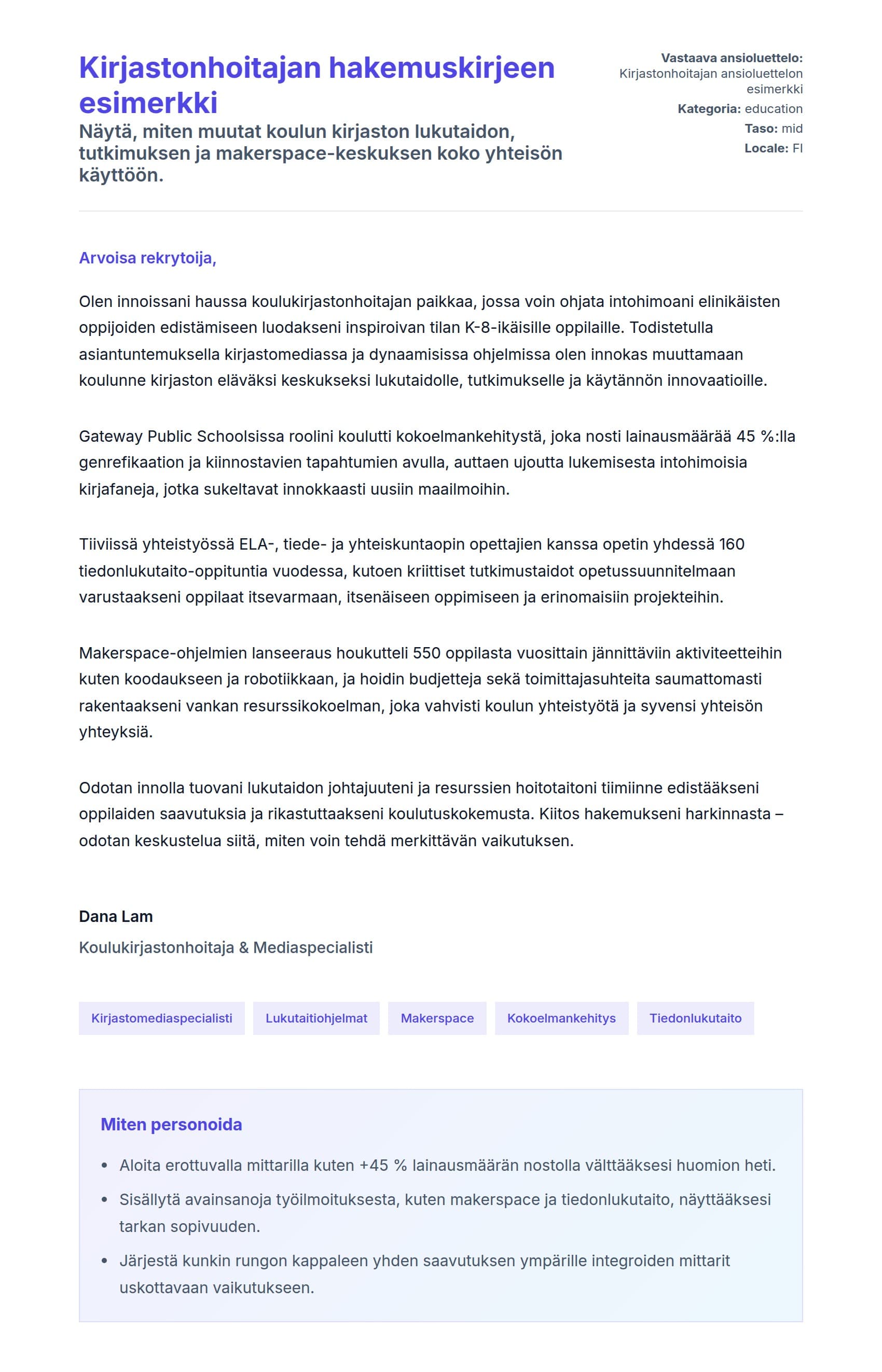 Työhakemuskirjeen esikatselu kohteelle Kirjastonhoitajan hakemuskirjeen esimerkki