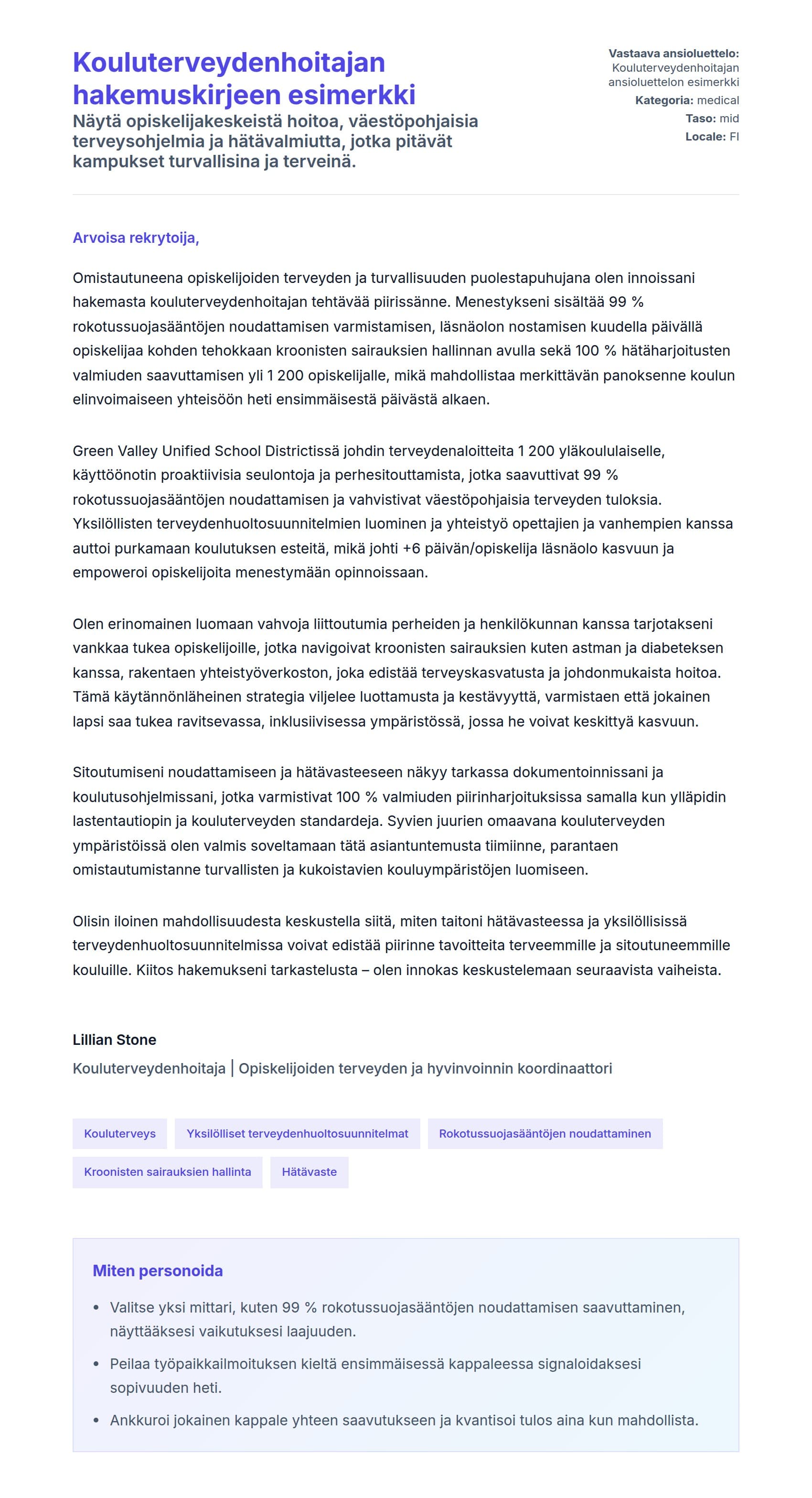 Työhakemuskirjeen esikatselu kohteelle Kouluterveydenhoitajan hakemuskirjeen esimerkki