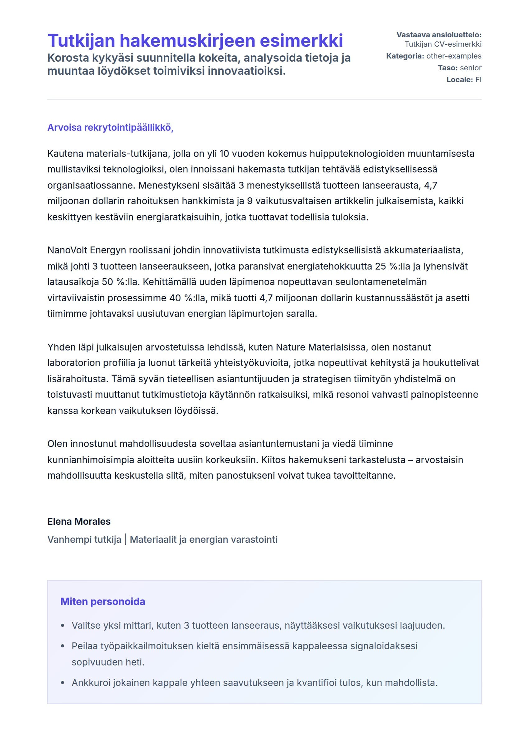 Työhakemuskirjeen esikatselu kohteelle Tutkijan hakemuskirjeen esimerkki
