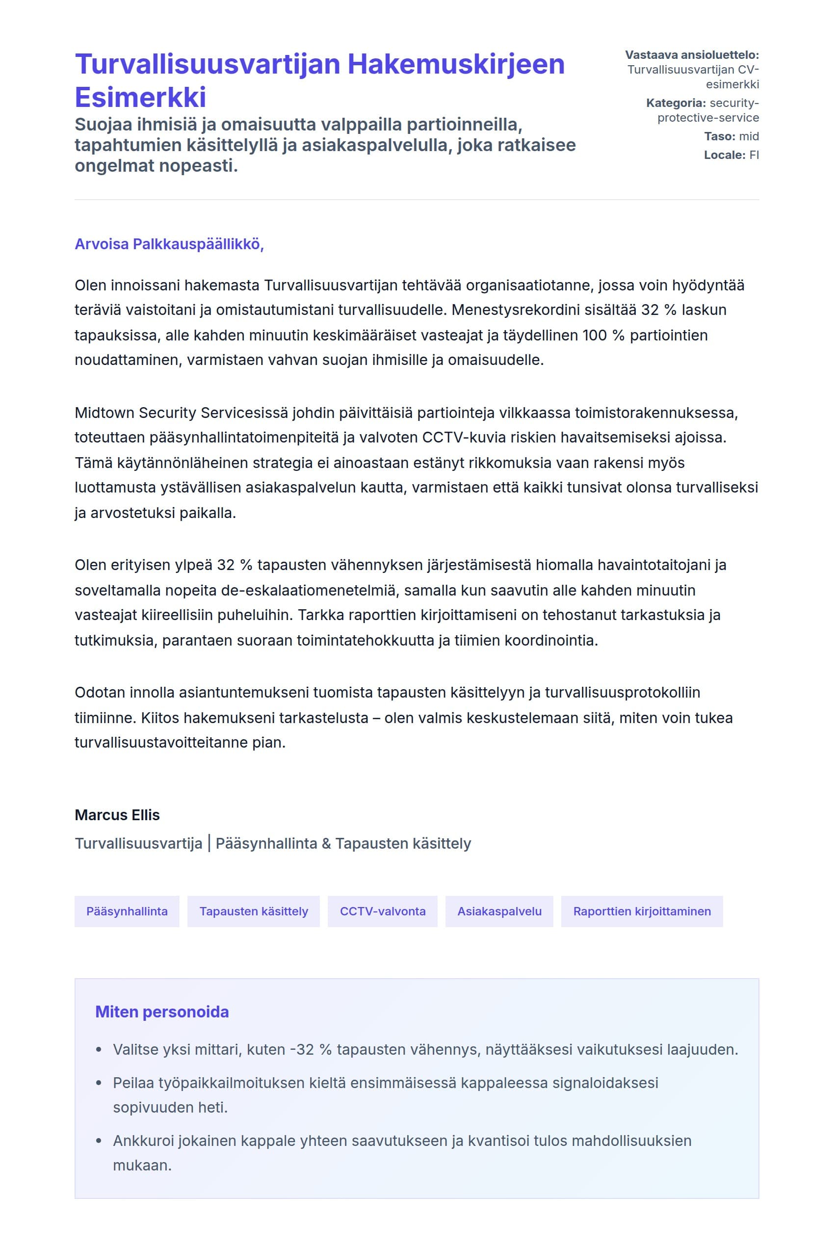 Työhakemuskirjeen esikatselu kohteelle Turvallisuusvartijan Hakemuskirjeen Esimerkki