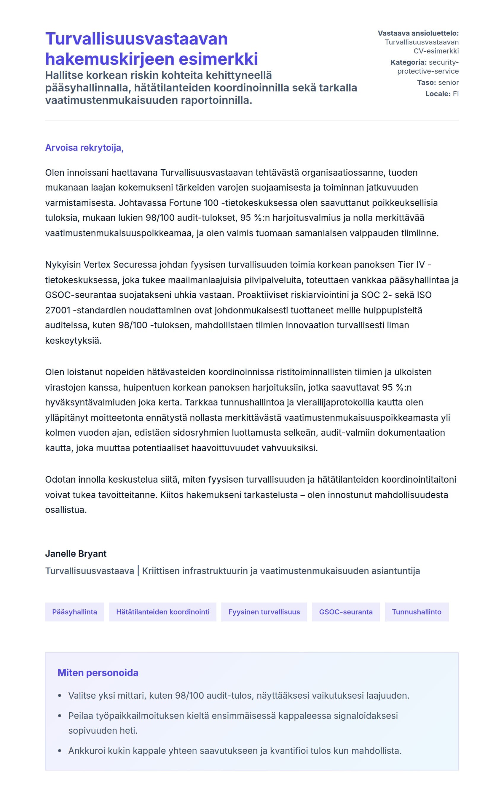 Työhakemuskirjeen esikatselu kohteelle Turvallisuusvastaavan hakemuskirjeen esimerkki