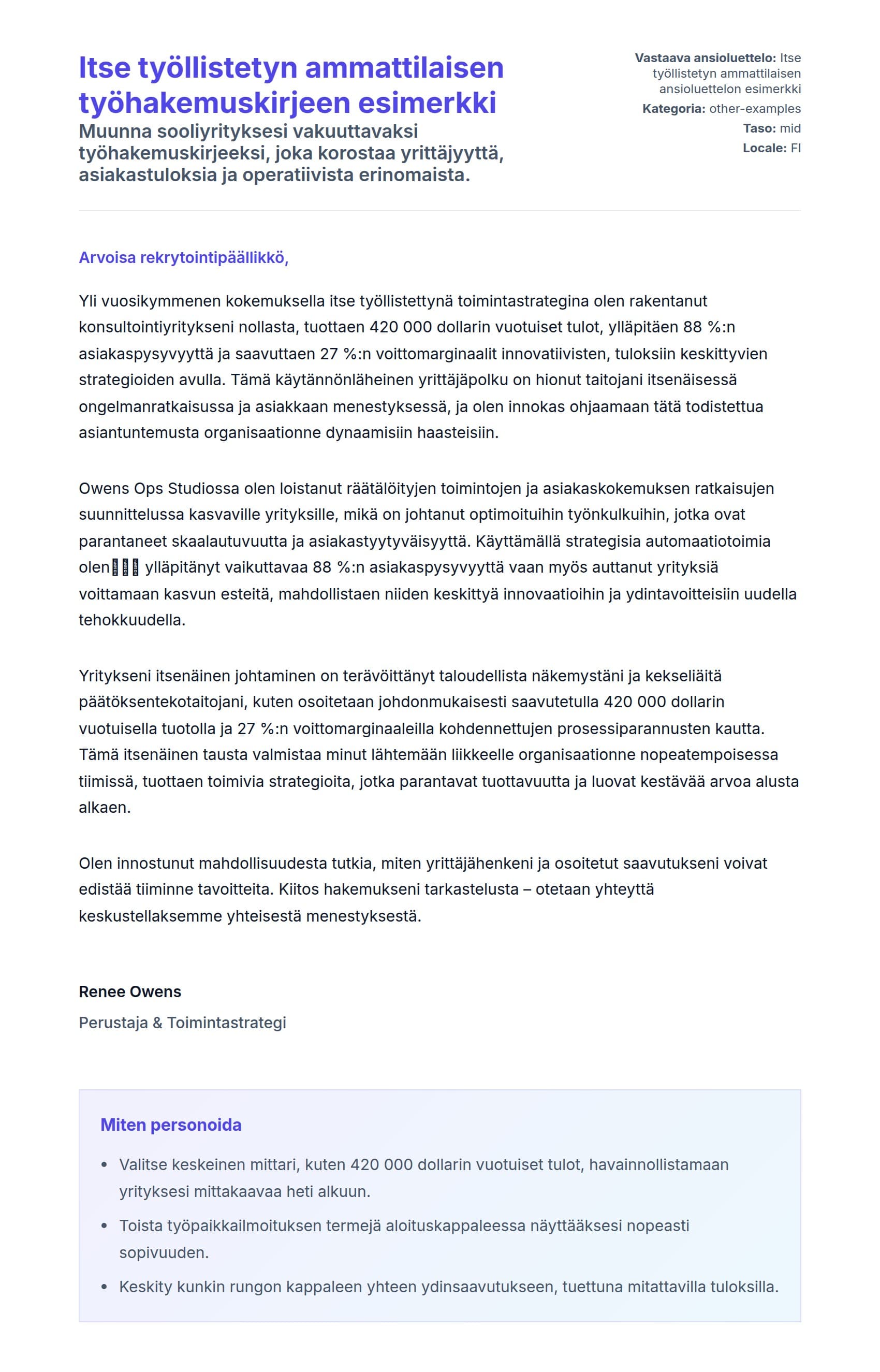 Työhakemuskirjeen esikatselu kohteelle Itse työllistetyn ammattilaisen työhakemuskirjeen esimerkki