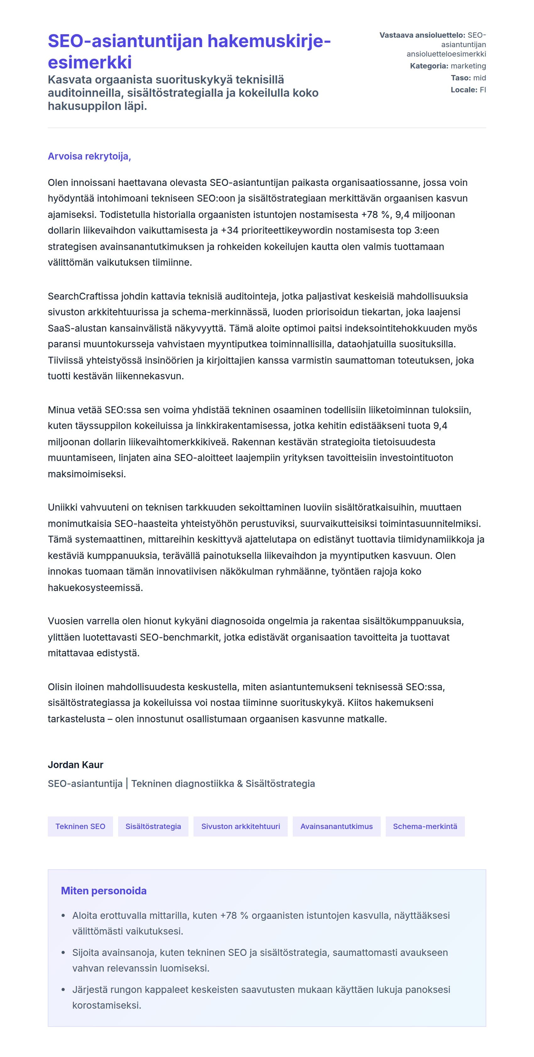 Työhakemuskirjeen esikatselu kohteelle SEO-asiantuntijan hakemuskirje-esimerkki