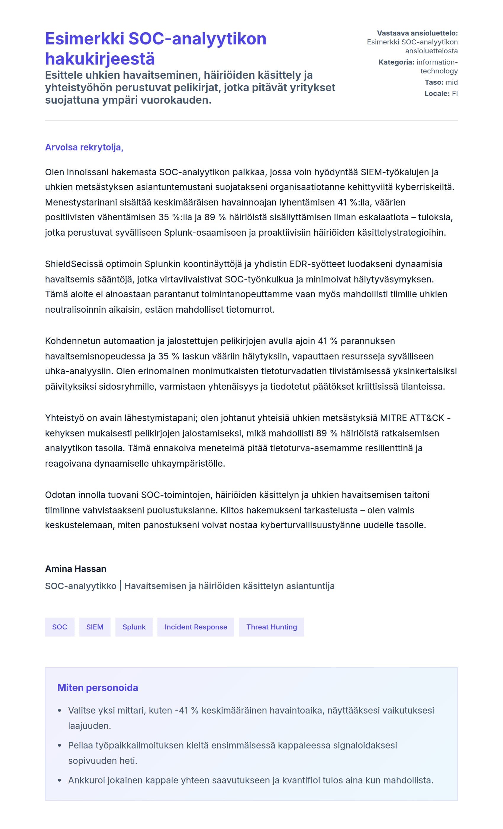Työhakemuskirjeen esikatselu kohteelle Esimerkki SOC-analyytikon hakukirjeestä