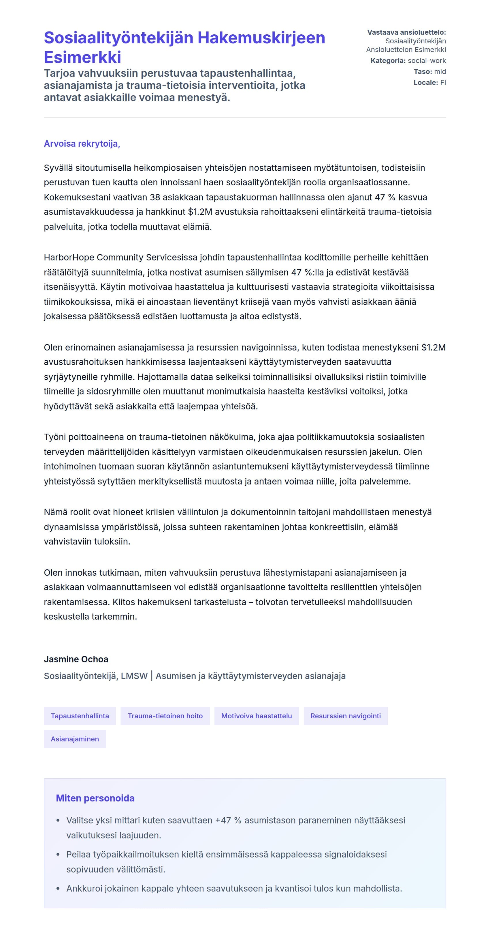 Työhakemuskirjeen esikatselu kohteelle Sosiaalityöntekijän Hakemuskirjeen Esimerkki