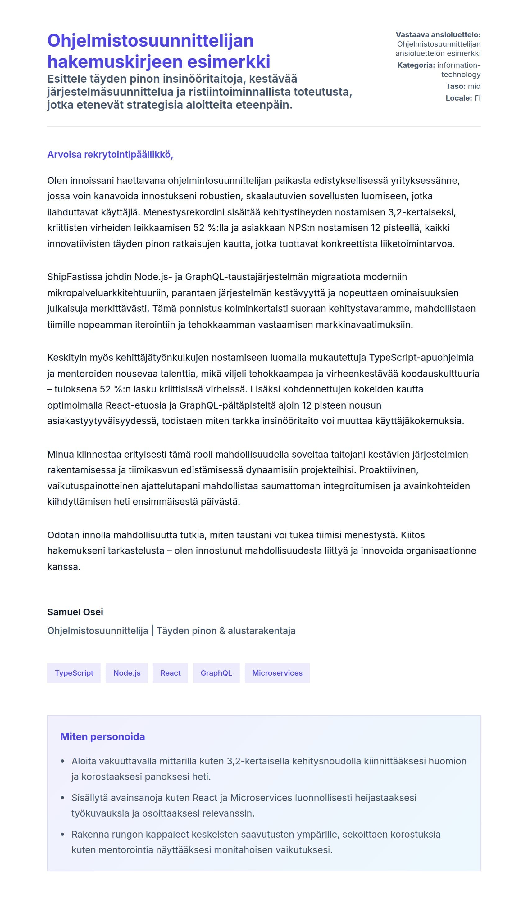 Työhakemuskirjeen esikatselu kohteelle Ohjelmistosuunnittelijan hakemuskirjeen esimerkki