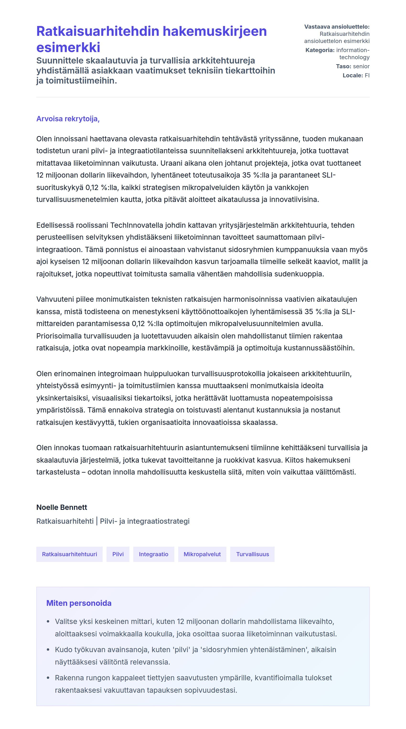 Työhakemuskirjeen esikatselu kohteelle Ratkaisuarhitehdin hakemuskirjeen esimerkki