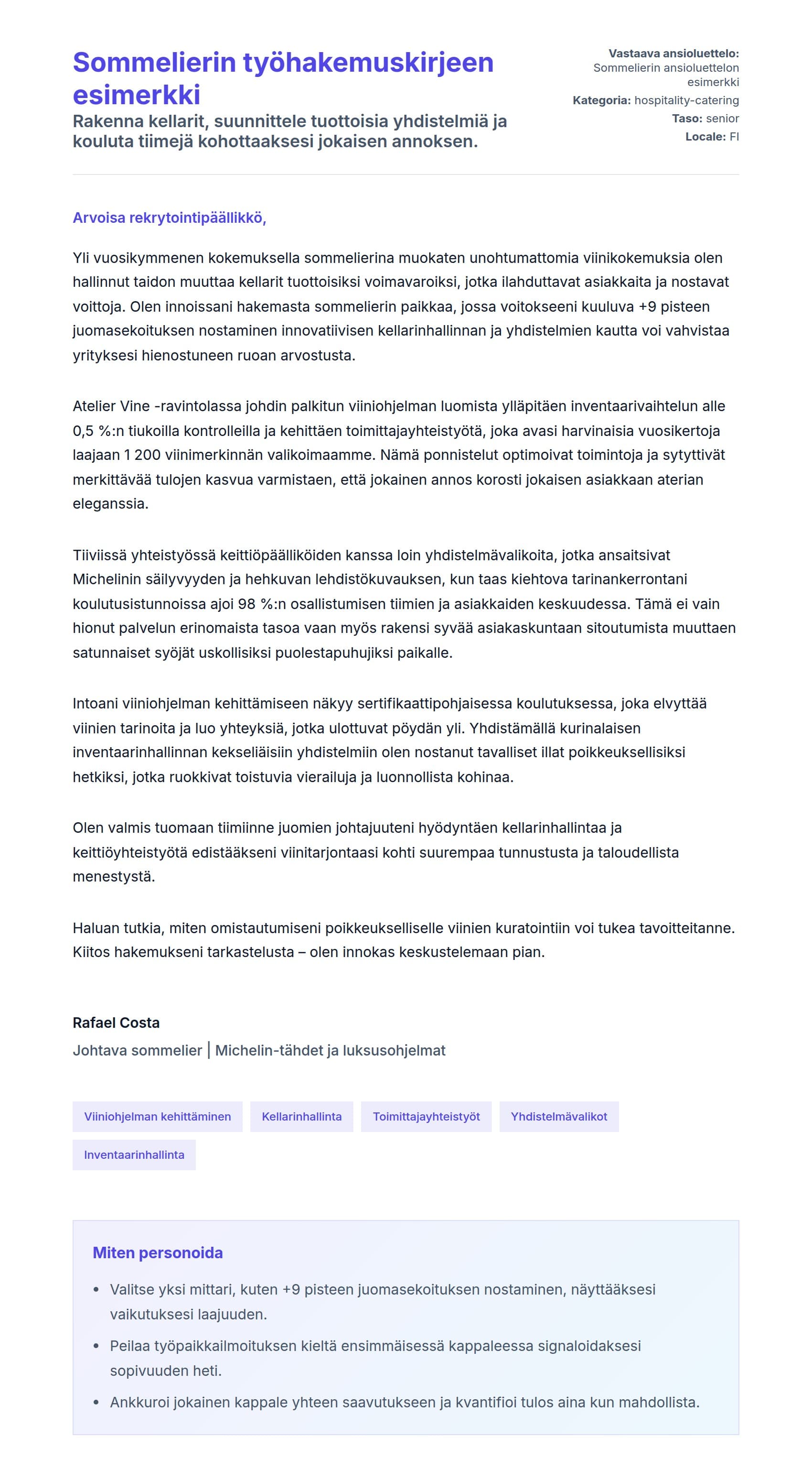 Työhakemuskirjeen esikatselu kohteelle Sommelierin työhakemuskirjeen esimerkki