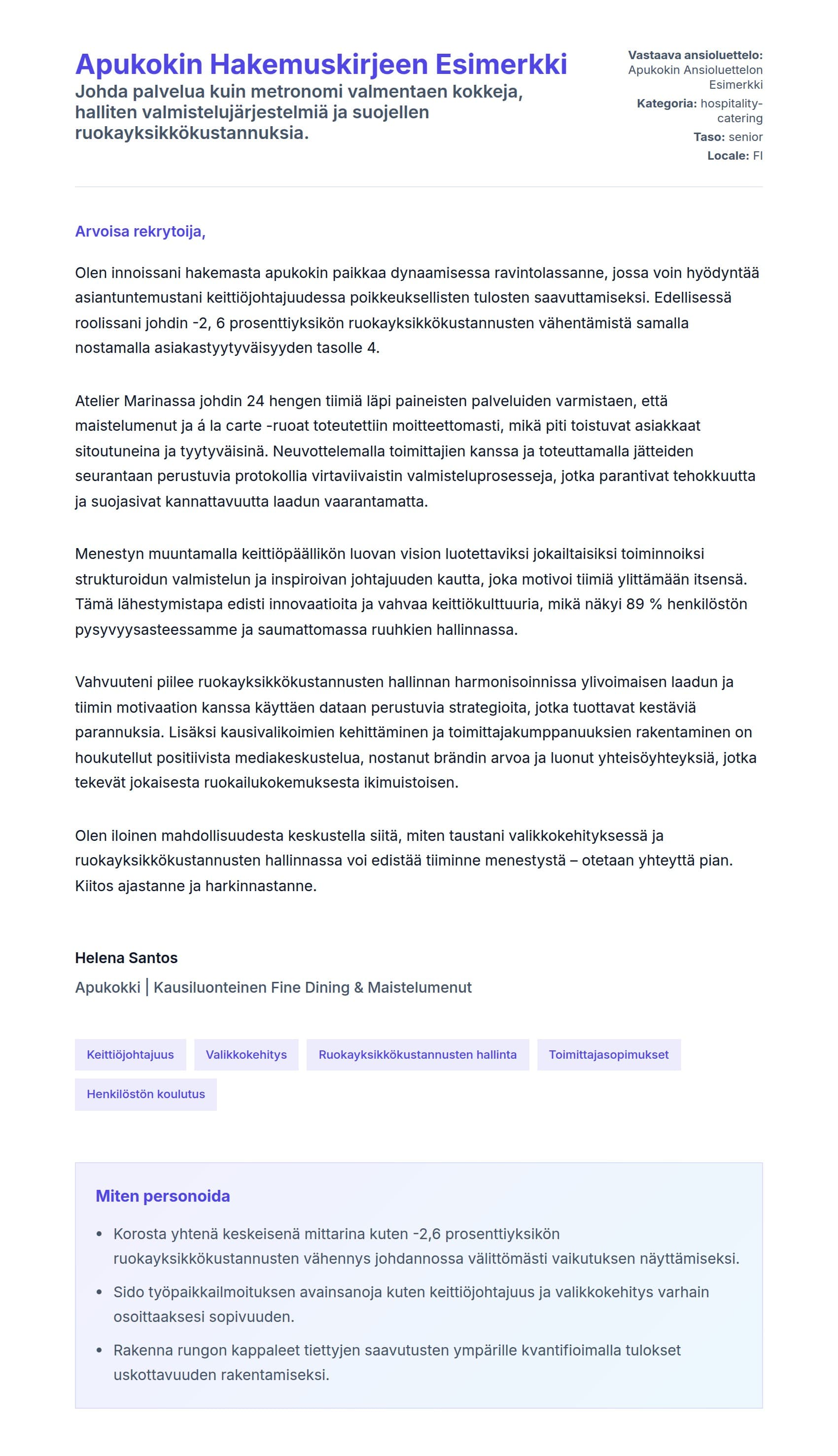 Työhakemuskirjeen esikatselu kohteelle Apukokin Hakemuskirjeen Esimerkki