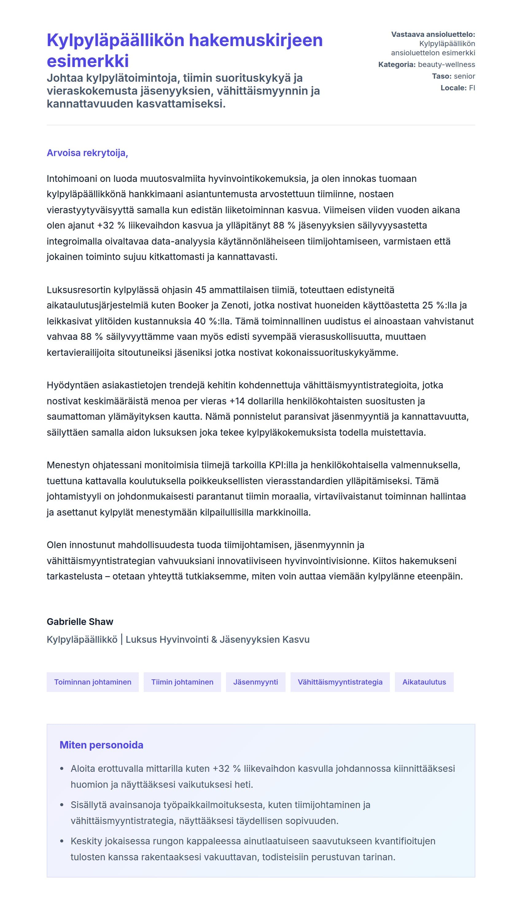 Työhakemuskirjeen esikatselu kohteelle Kylpyläpäällikön hakemuskirjeen esimerkki