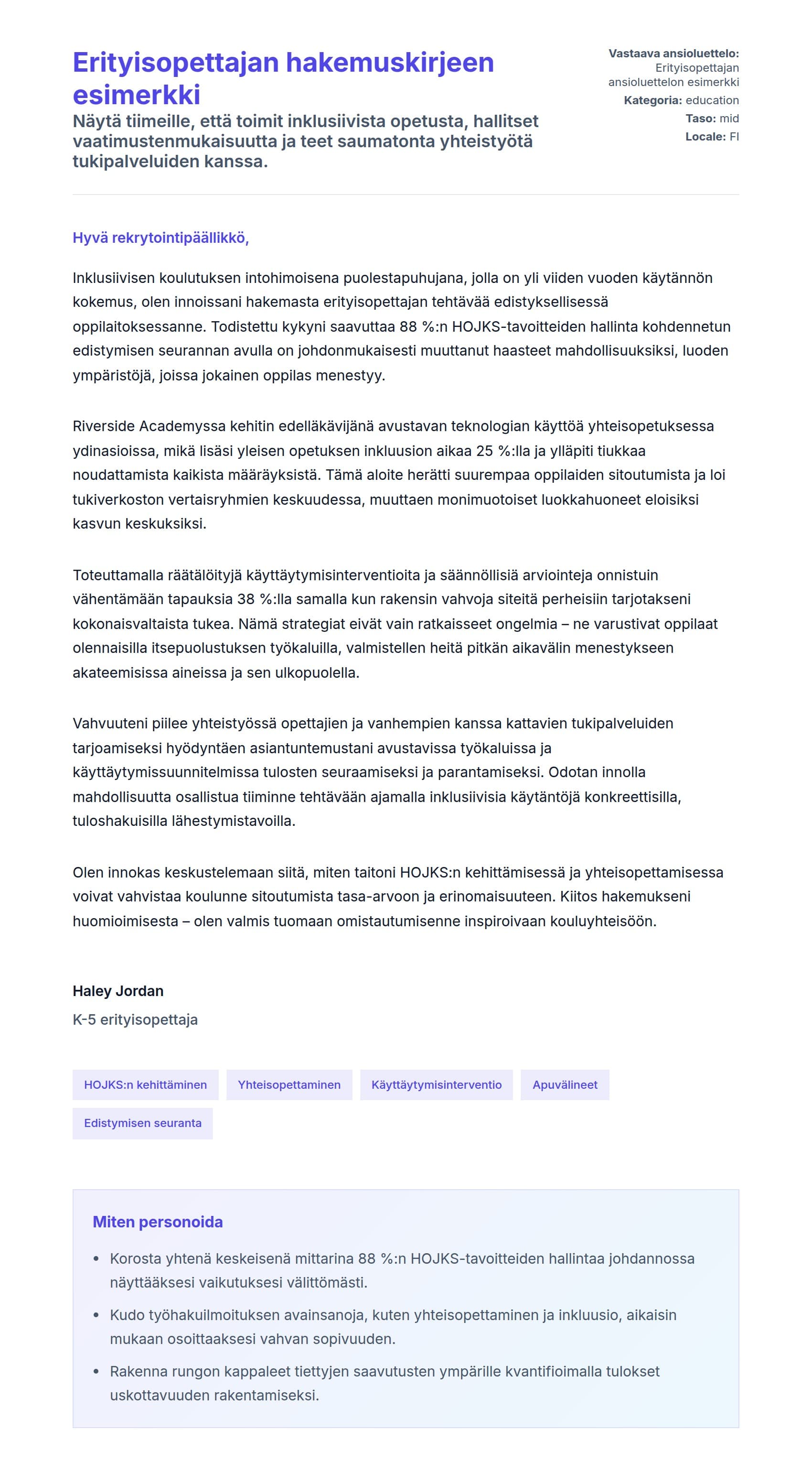 Työhakemuskirjeen esikatselu kohteelle Erityisopettajan hakemuskirjeen esimerkki