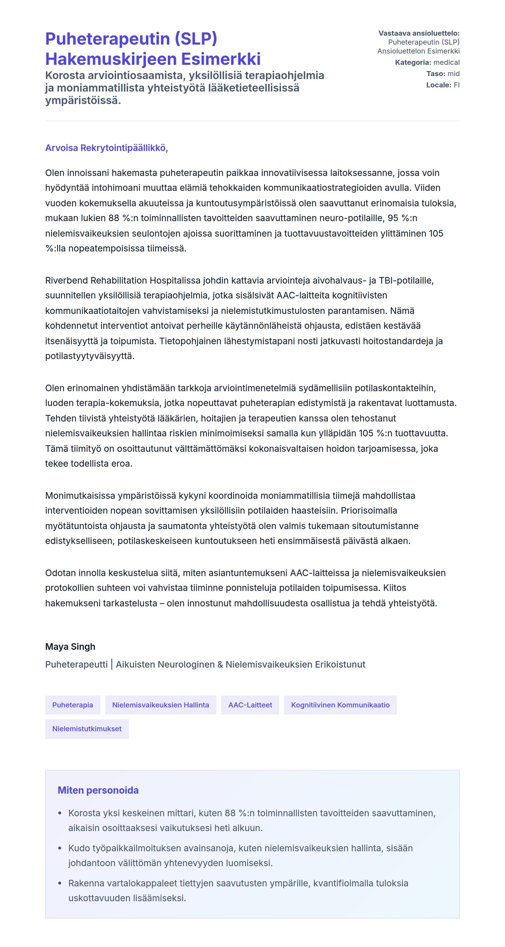 Työhakemuskirjeen esikatselu kohteelle Puheterapeutin (SLP) Hakemuskirjeen Esimerkki