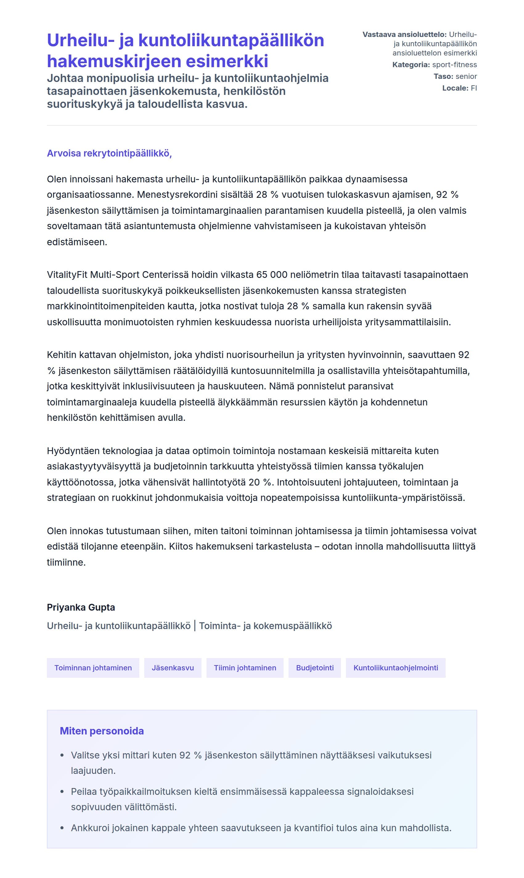 Työhakemuskirjeen esikatselu kohteelle Urheilu- ja kuntoliikuntapäällikön hakemuskirjeen esimerkki