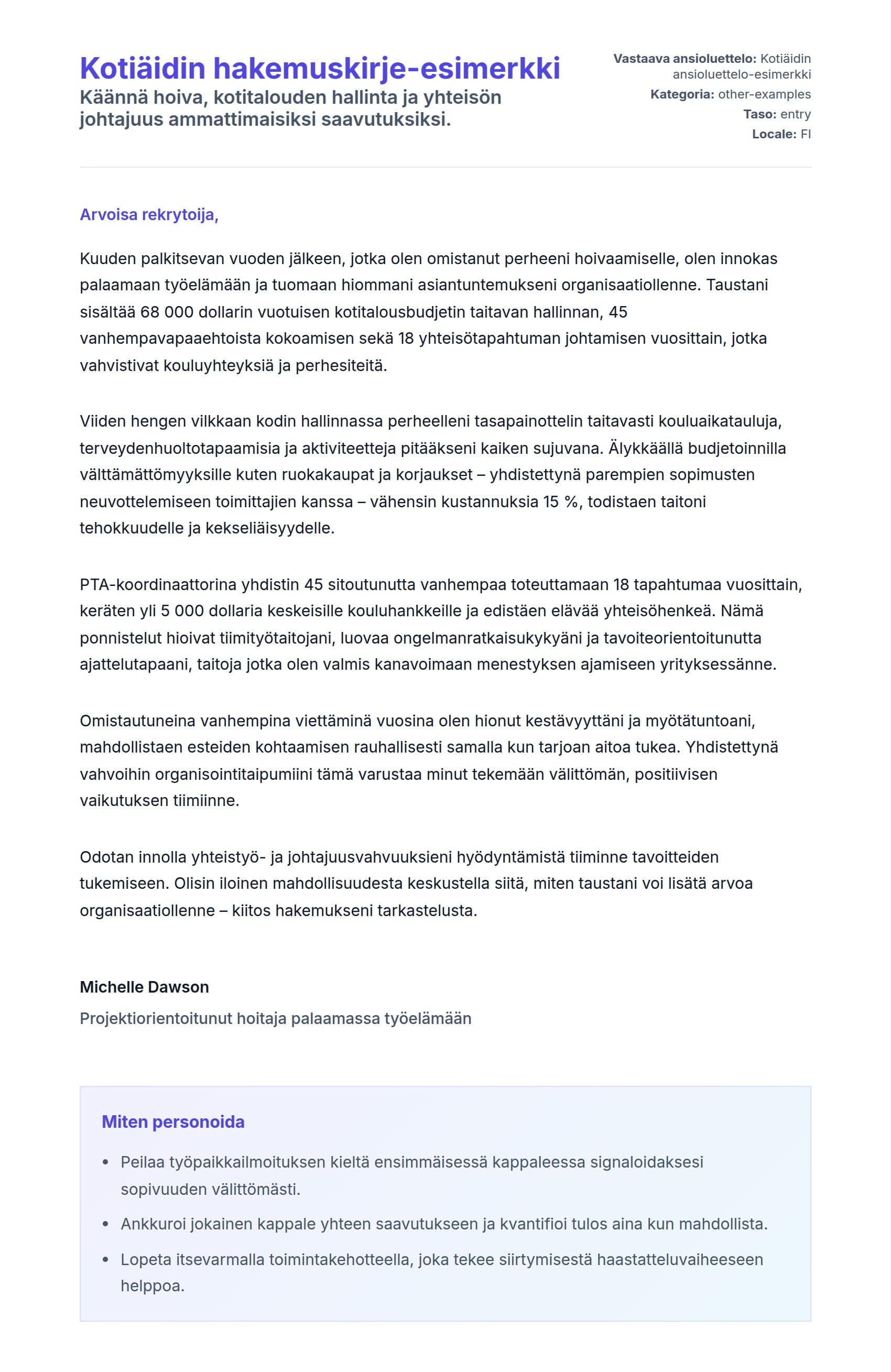 Työhakemuskirjeen esikatselu kohteelle Kotiäidin hakemuskirje-esimerkki
