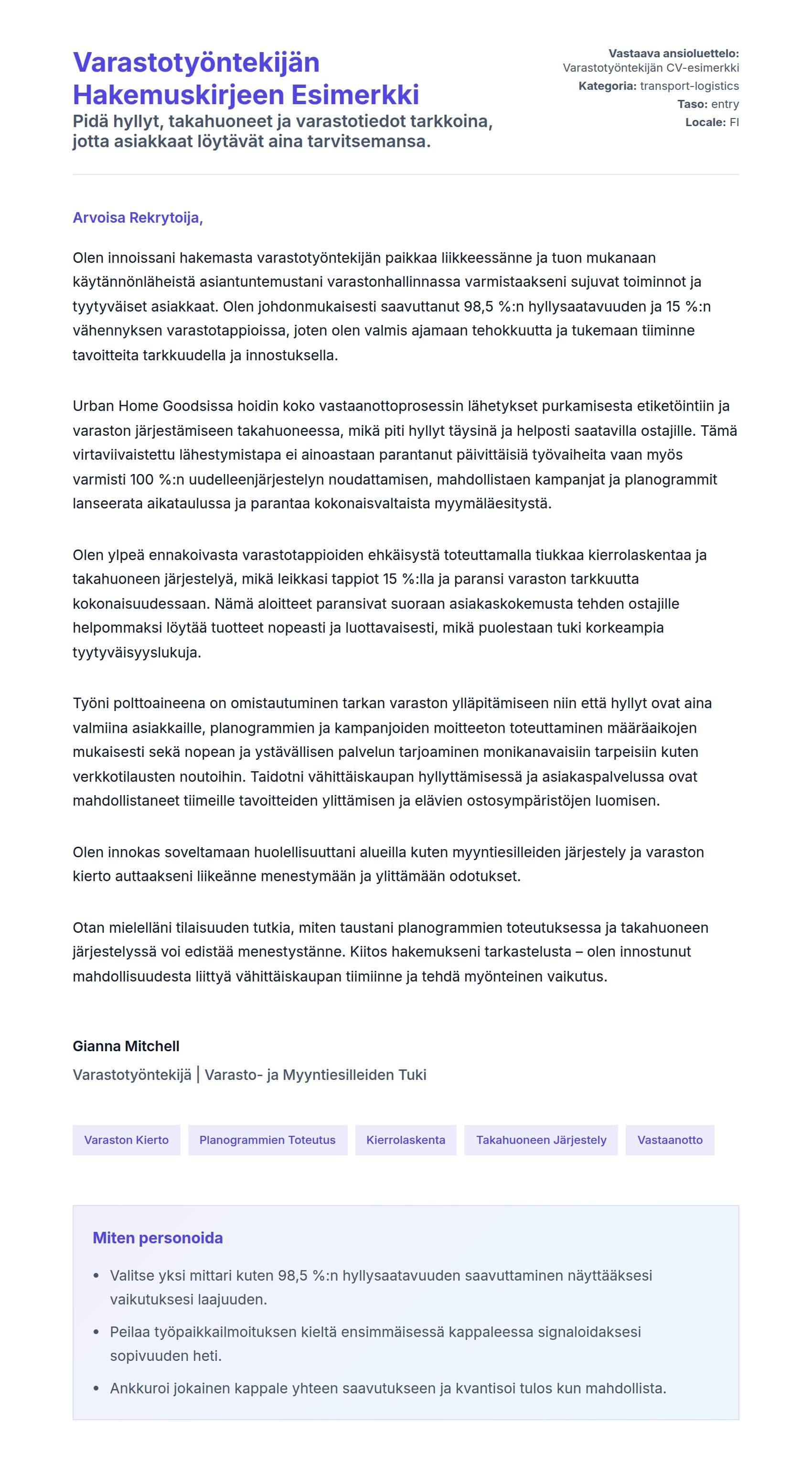 Työhakemuskirjeen esikatselu kohteelle Varastotyöntekijän Hakemuskirjeen Esimerkki