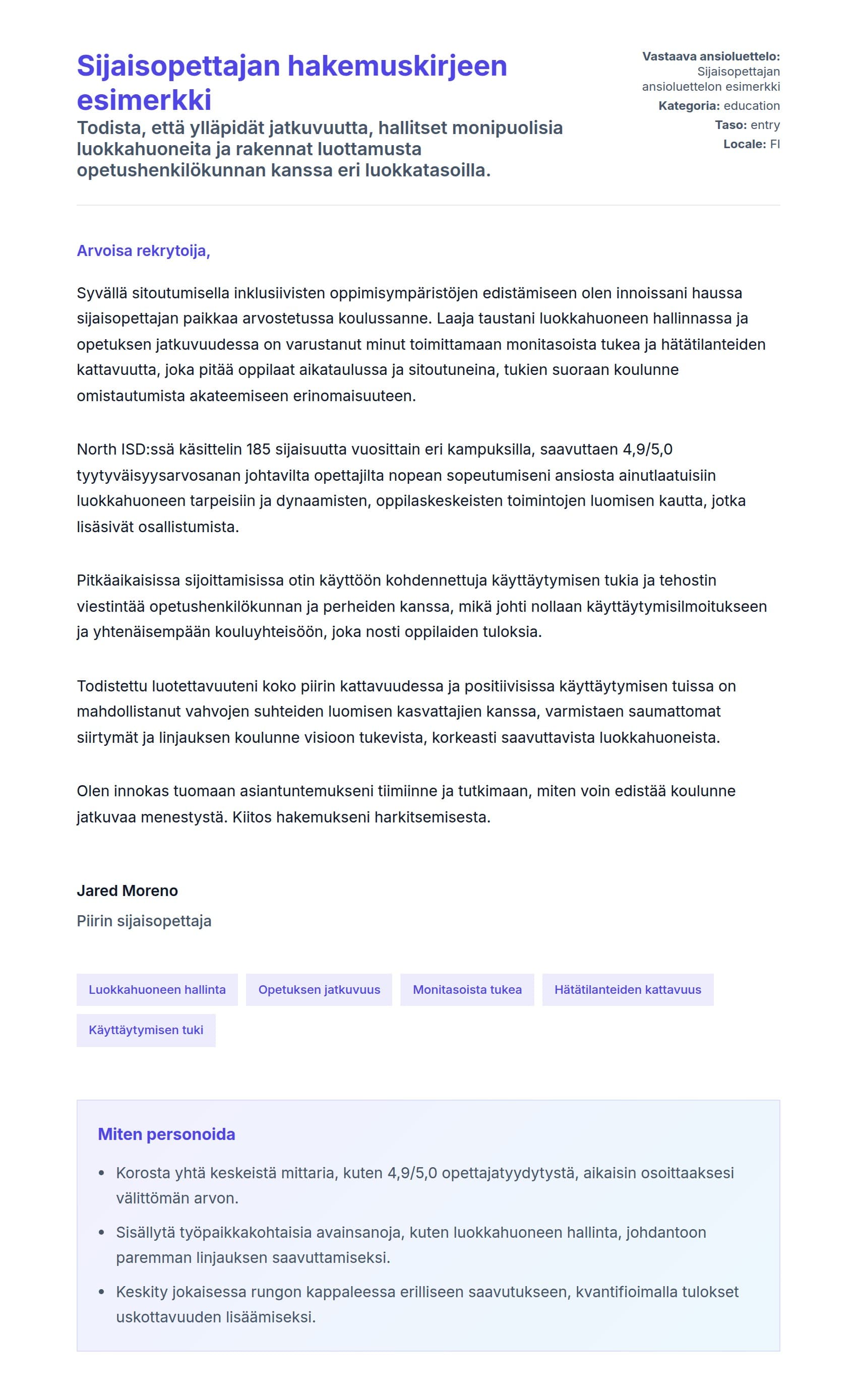Työhakemuskirjeen esikatselu kohteelle Sijaisopettajan hakemuskirjeen esimerkki