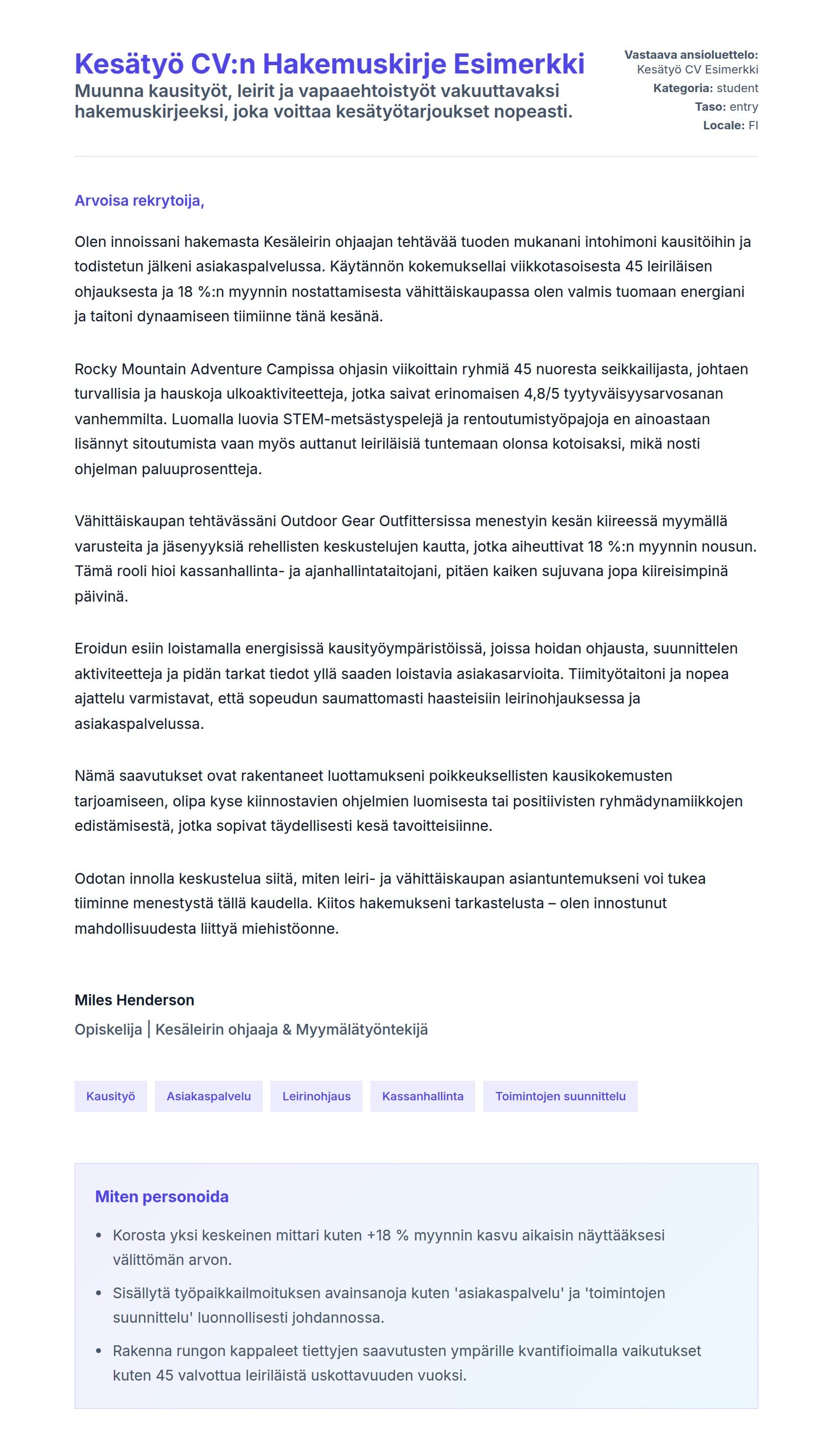 Työhakemuskirjeen esikatselu kohteelle Kesätyö CV:n Hakemuskirje Esimerkki