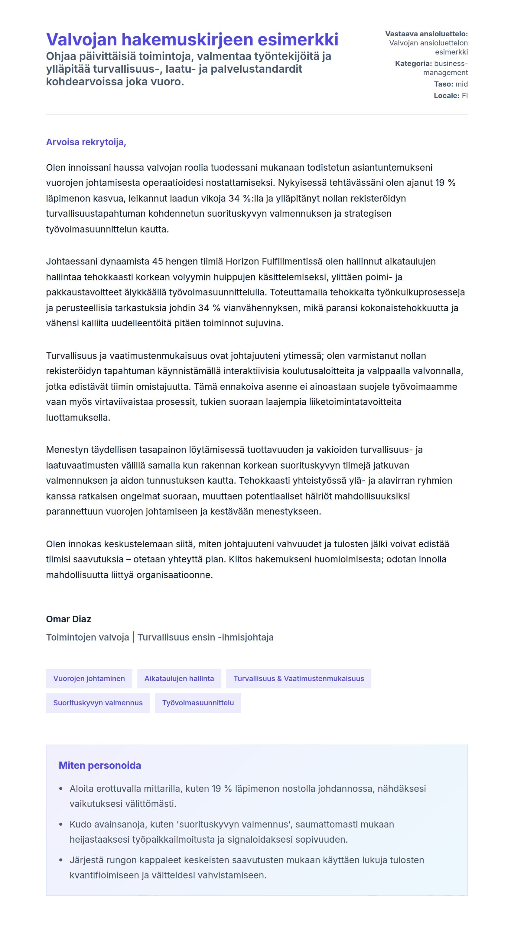 Työhakemuskirjeen esikatselu kohteelle Valvojan hakemuskirjeen esimerkki