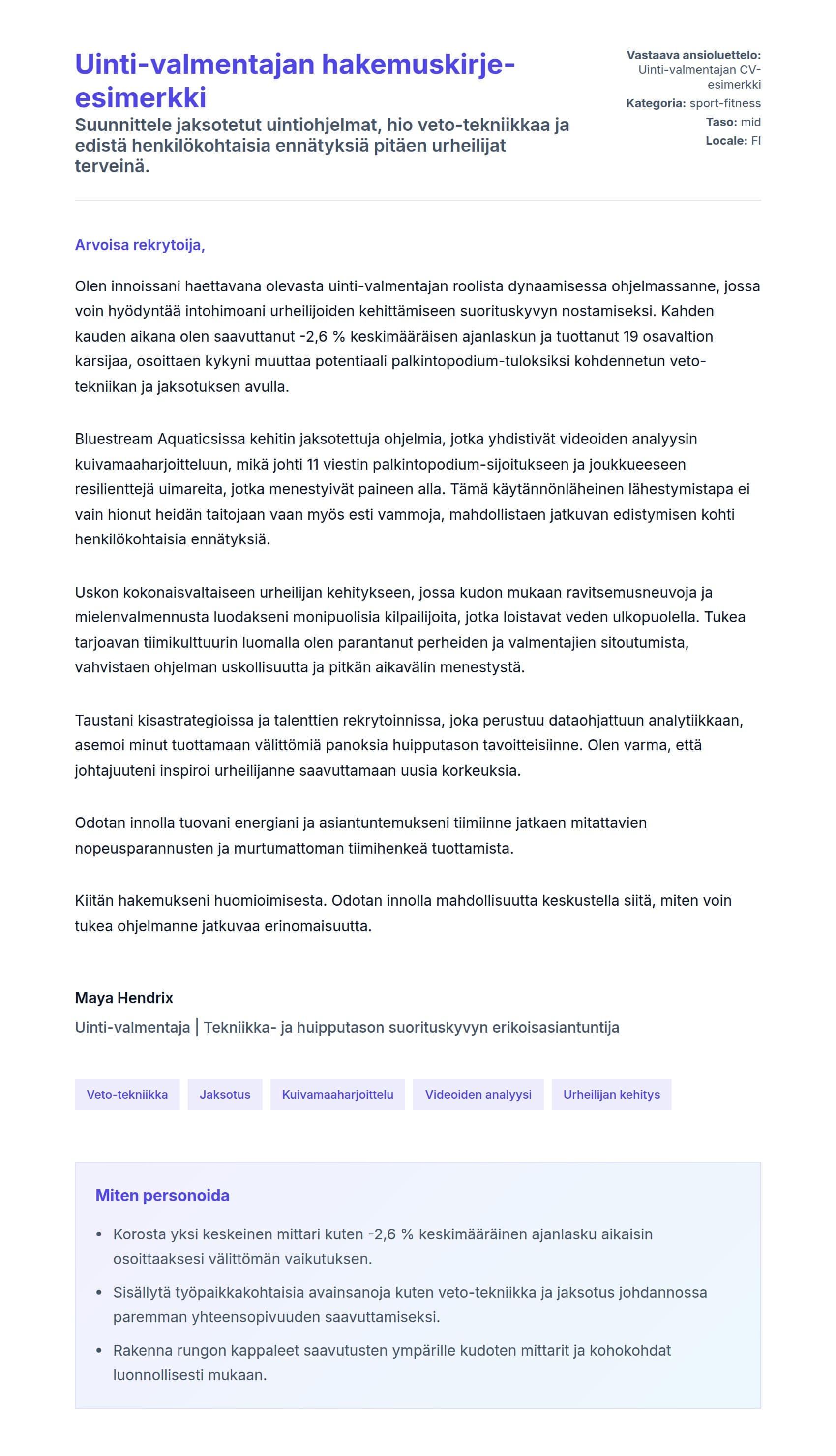 Työhakemuskirjeen esikatselu kohteelle Uinti-valmentajan hakemuskirje-esimerkki