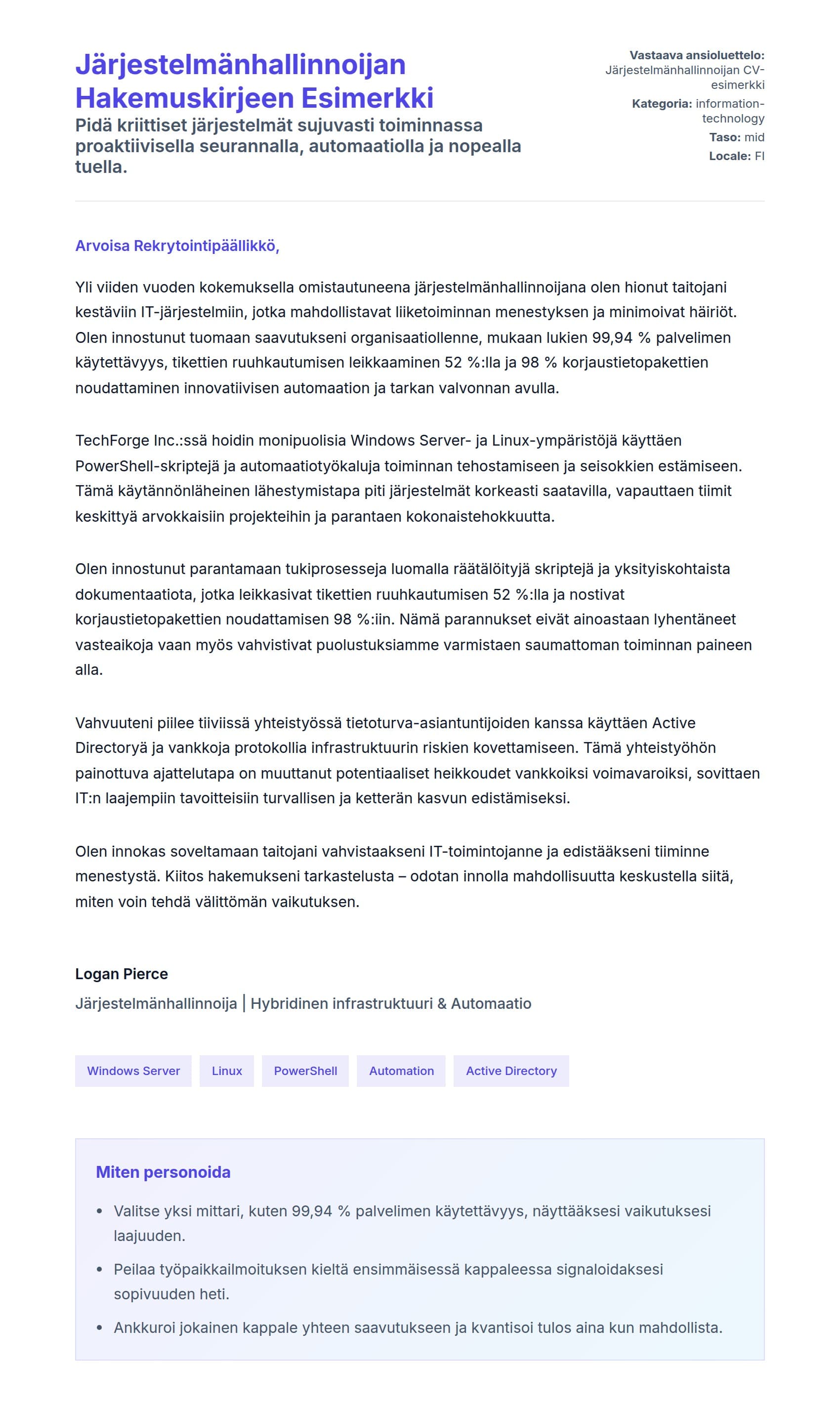 Työhakemuskirjeen esikatselu kohteelle Järjestelmänhallinnoijan Hakemuskirjeen Esimerkki