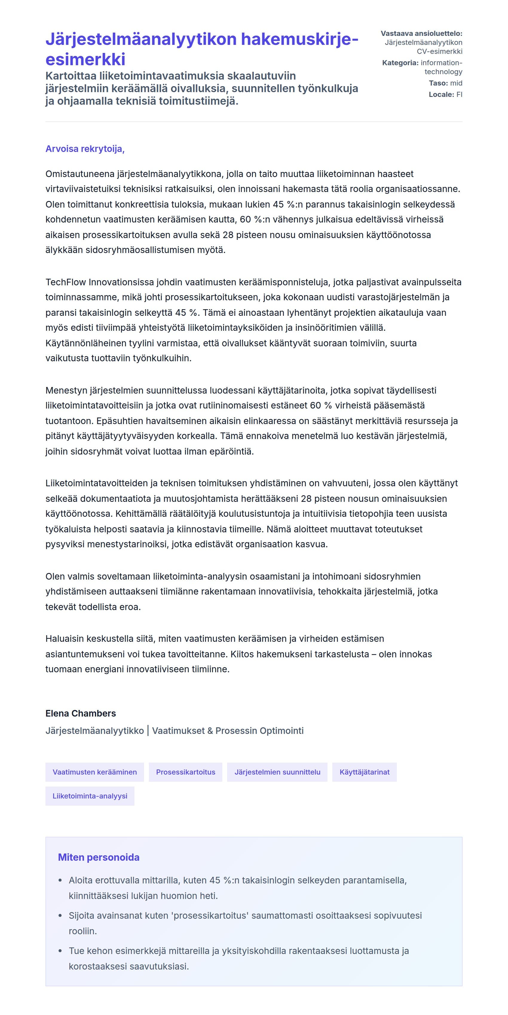 Työhakemuskirjeen esikatselu kohteelle Järjestelmäanalyytikon hakemuskirje-esimerkki