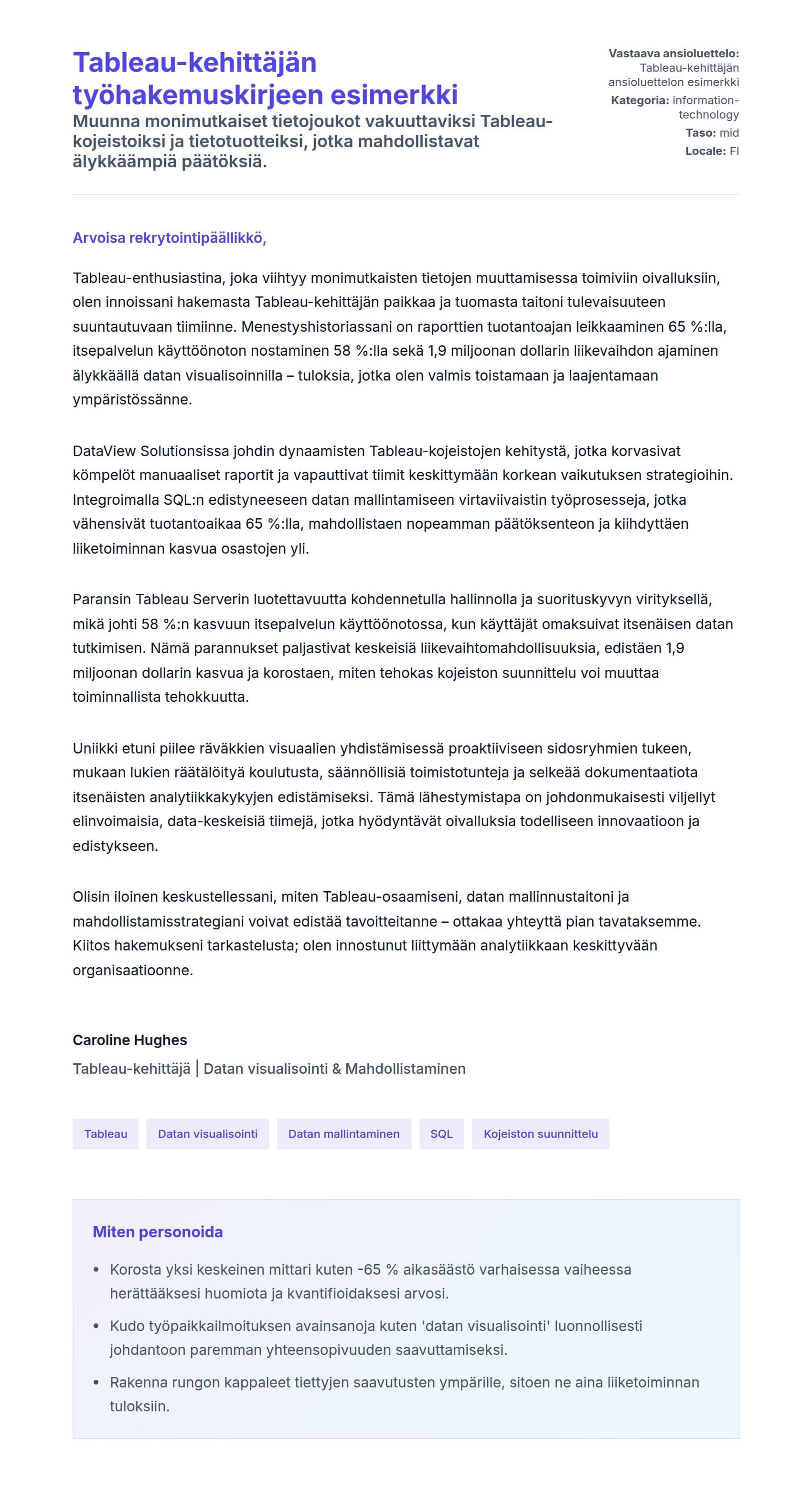 Työhakemuskirjeen esikatselu kohteelle Tableau-kehittäjän työhakemuskirjeen esimerkki