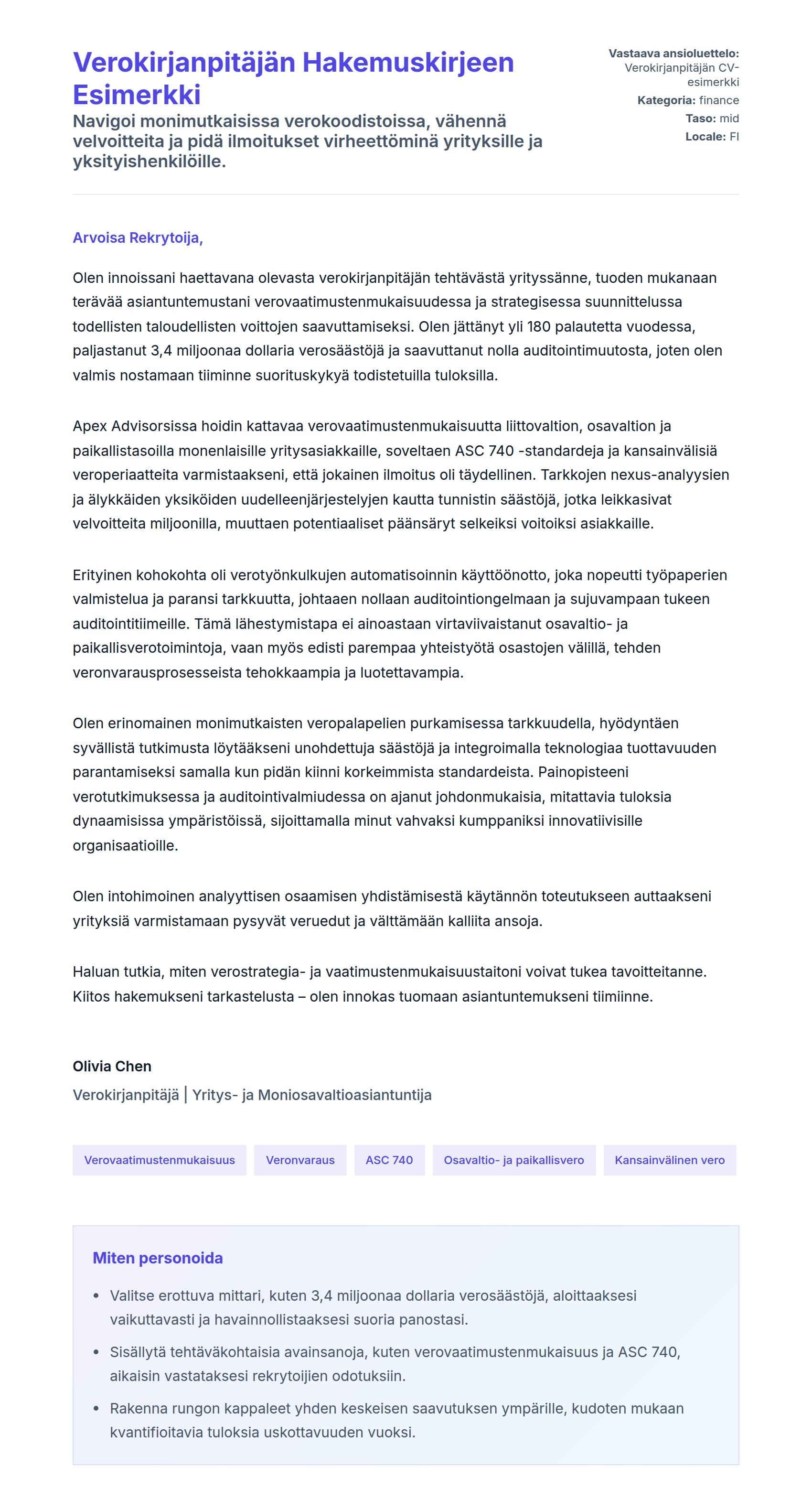Työhakemuskirjeen esikatselu kohteelle Verokirjanpitäjän Hakemuskirjeen Esimerkki